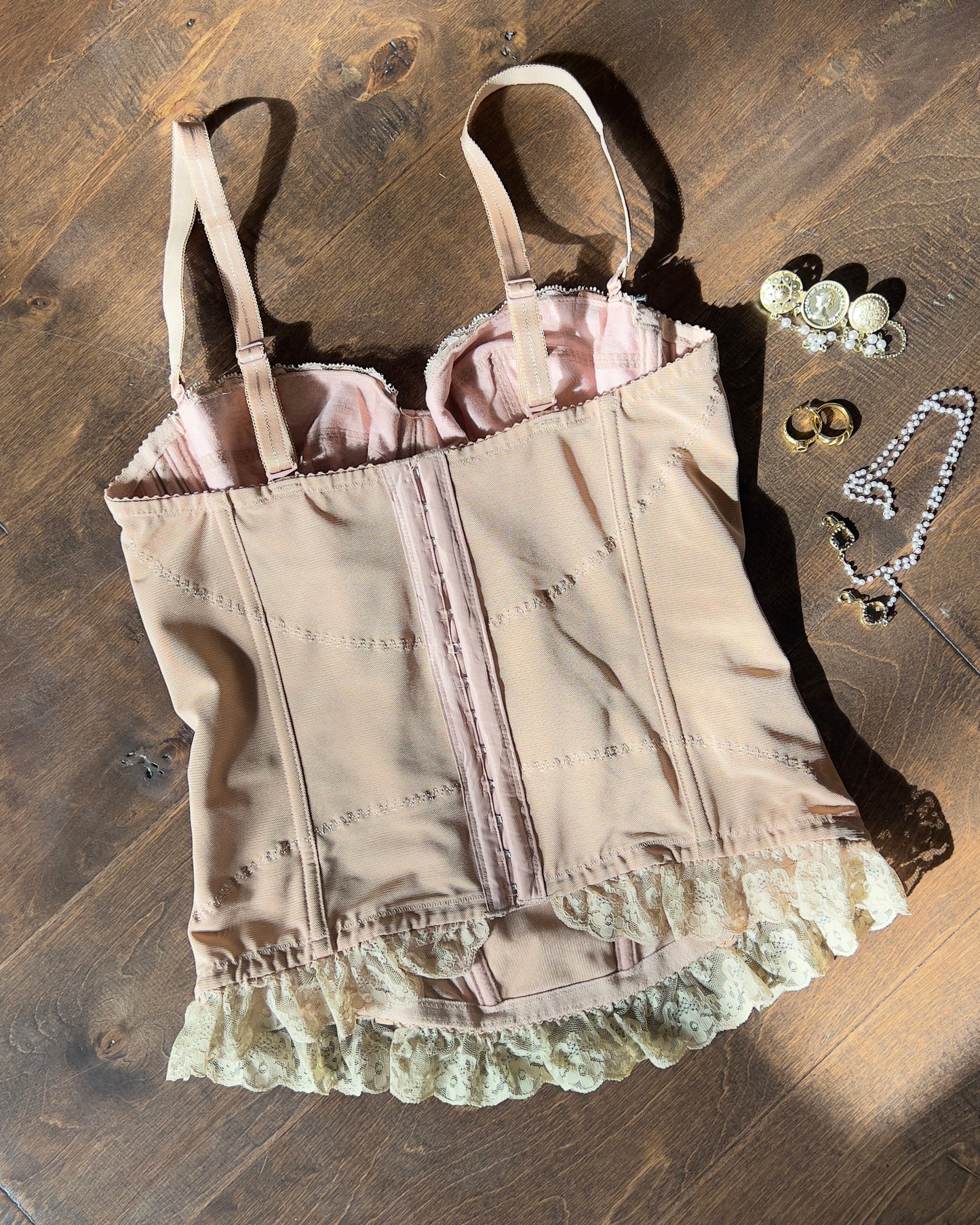 Gorgeous Victorian Bustier Underwired Corset In Nude Tan with Floral Embroidery