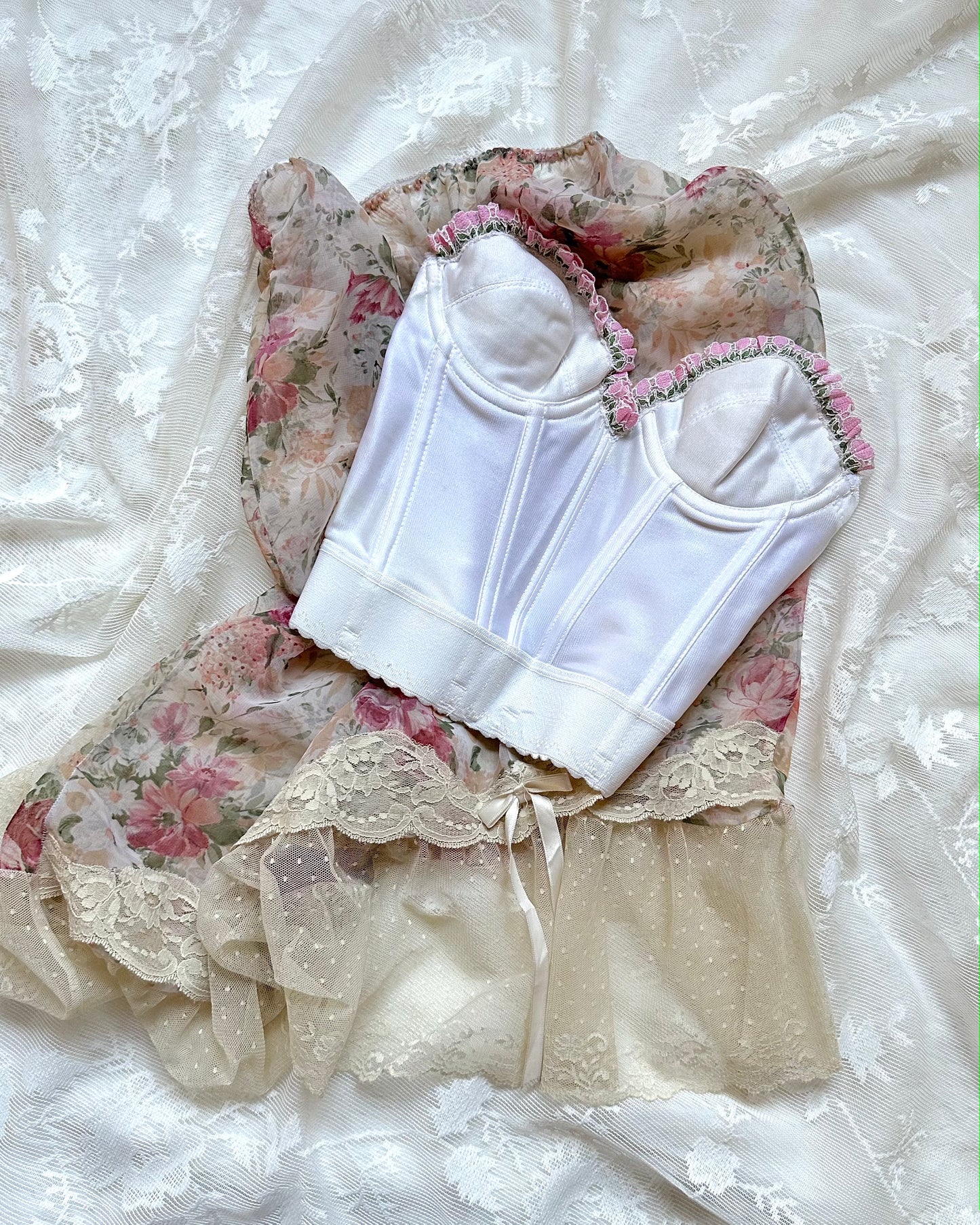 Dreamy Sheer Vintage Floral Dress featuring Rose Garden Prints with Soft Lace Skirt