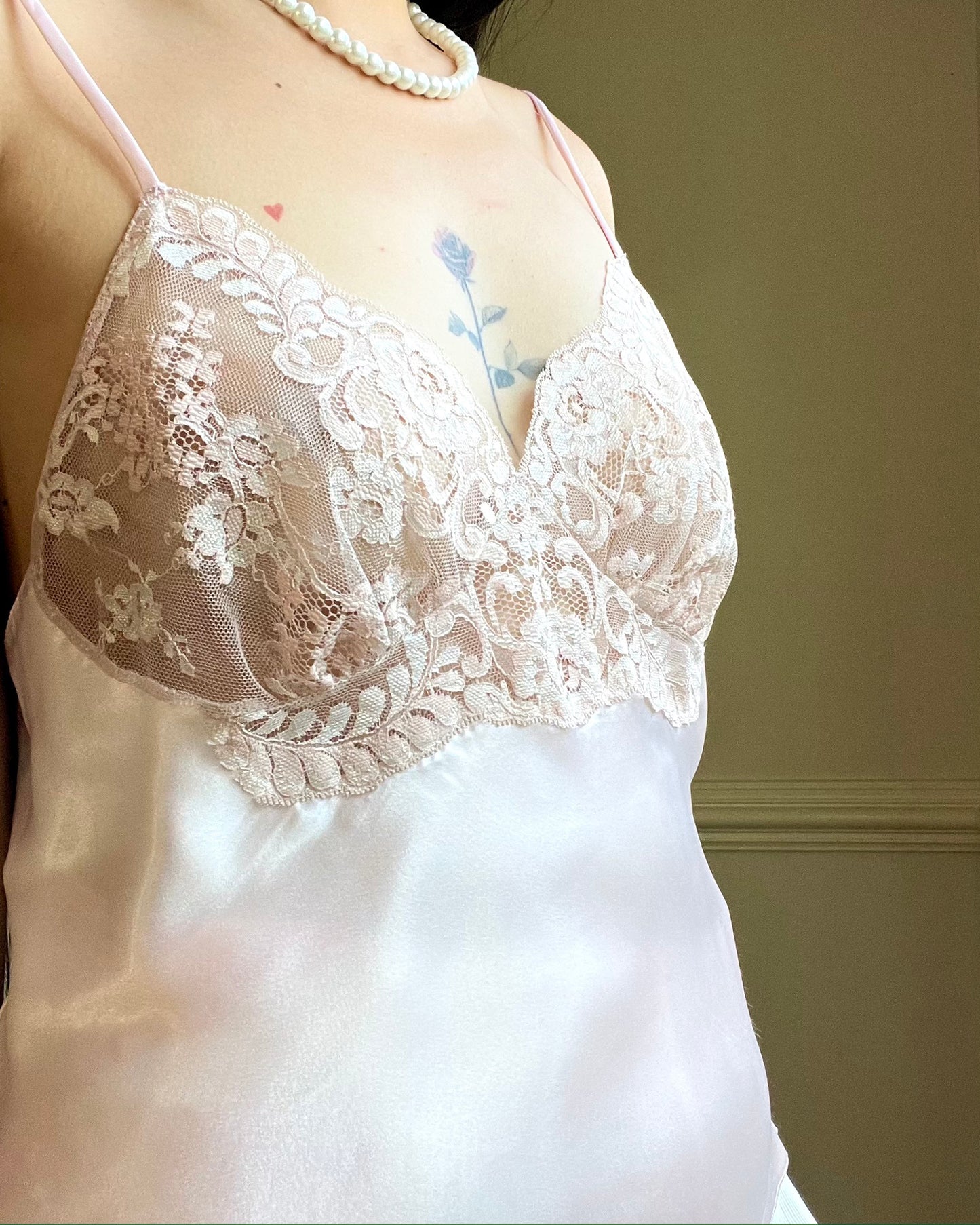 Vintage Satin Dilky Dusty Rose Cami Top with Floral Lace