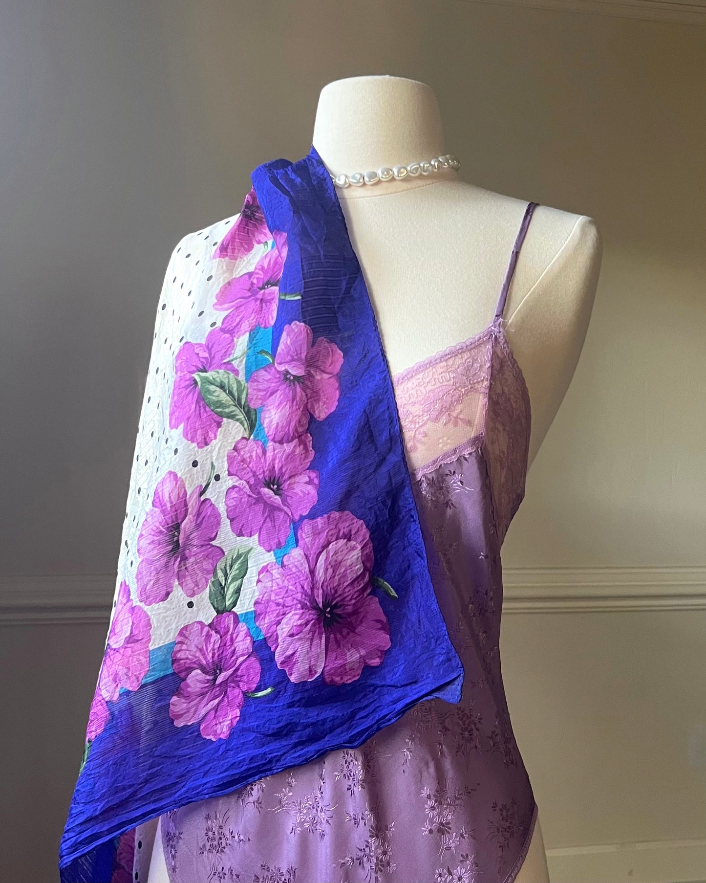 Luxury Vintage Valentino Silk Scarf with Purple Flowers Details