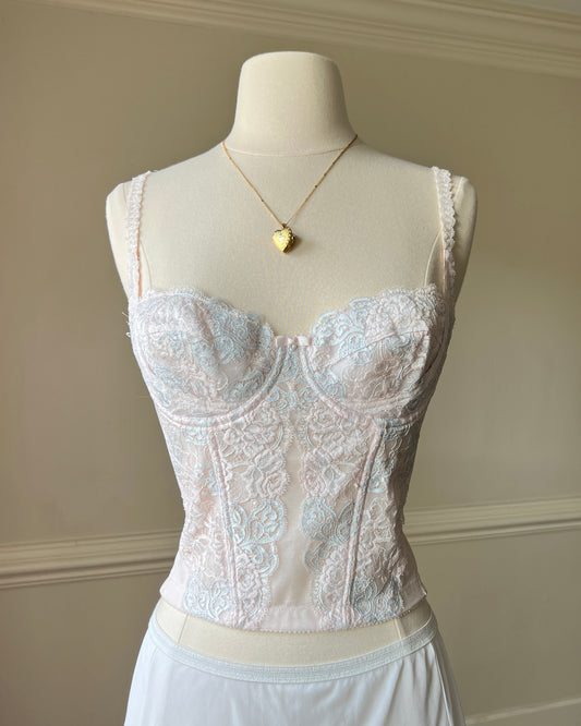 Vintage-inspired Pastel Corset featuring Rosette Embroidery Pattern