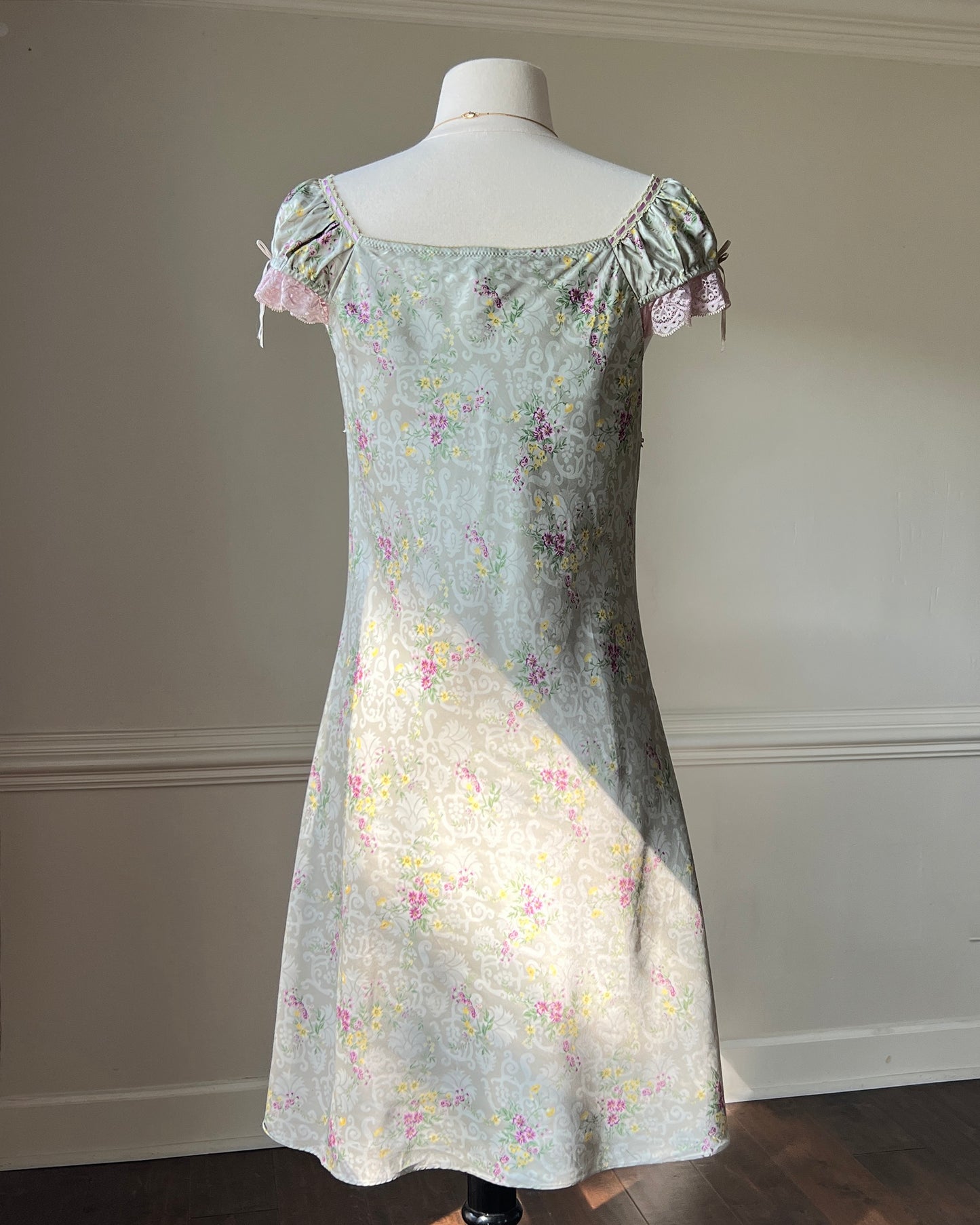 Sage Green Victorian inspired Midi Dress featuring Vintage Brocade Pattern
