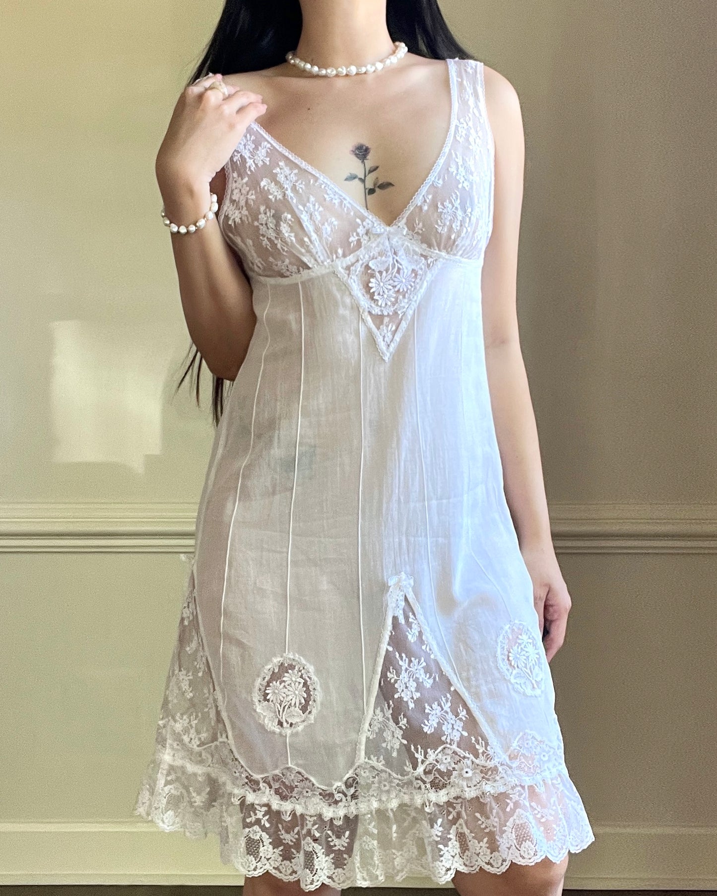 Ethereal Soft Sheer Linen Slip Dress featuring Laced Floral Embroidery