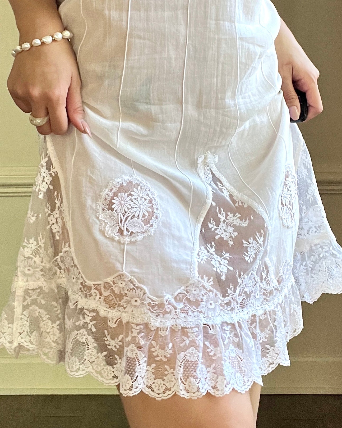 Ethereal Soft Sheer Linen Slip Dress featuring Laced Floral Embroidery