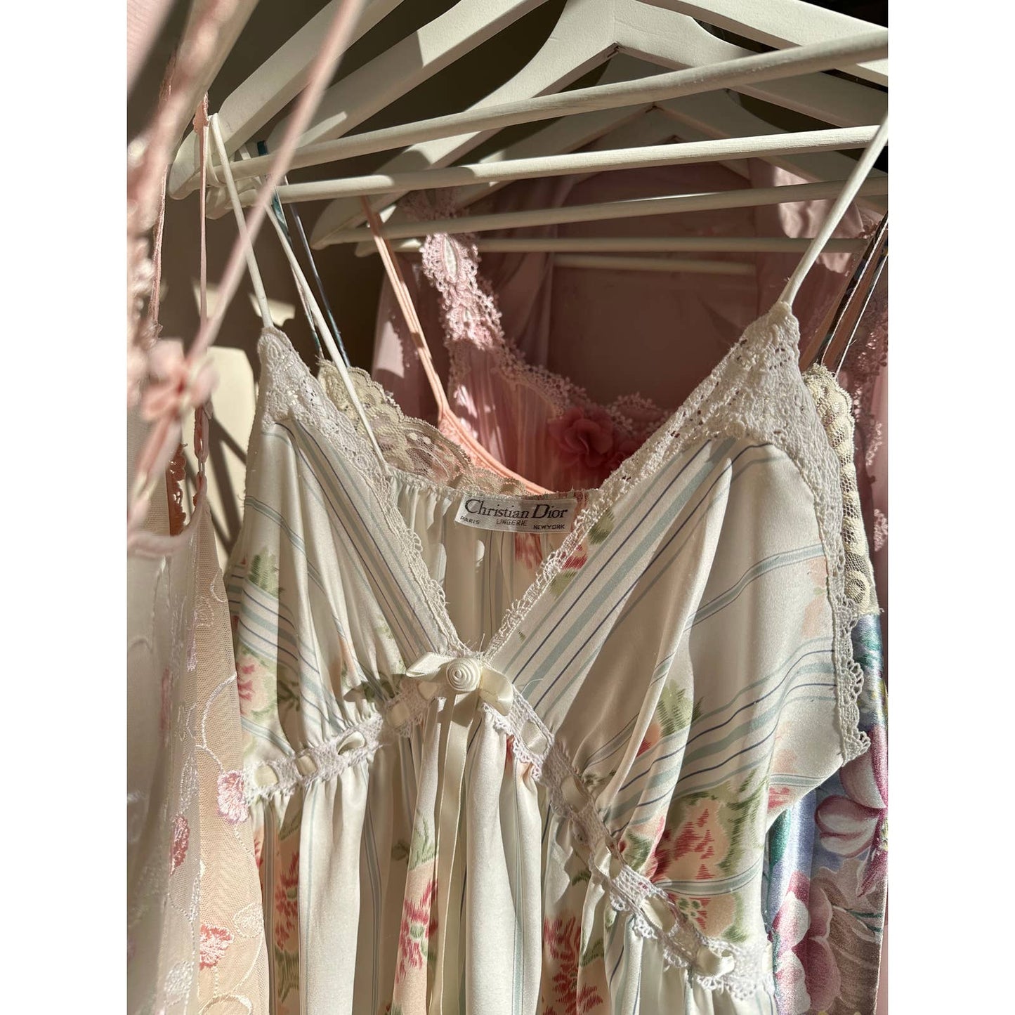 Stunning Vintage 90's Dior Maxi Satin Dress featuring Rosette Pattern with Pinstripes