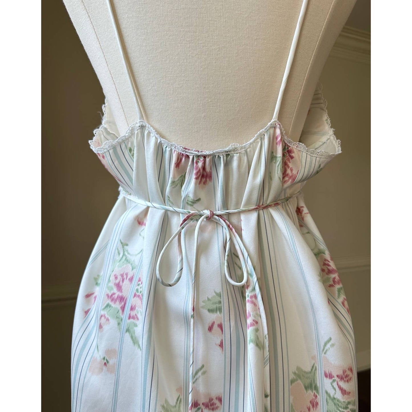 Stunning Vintage 90's Dior Maxi Satin Dress featuring Rosette Pattern with Pinstripes