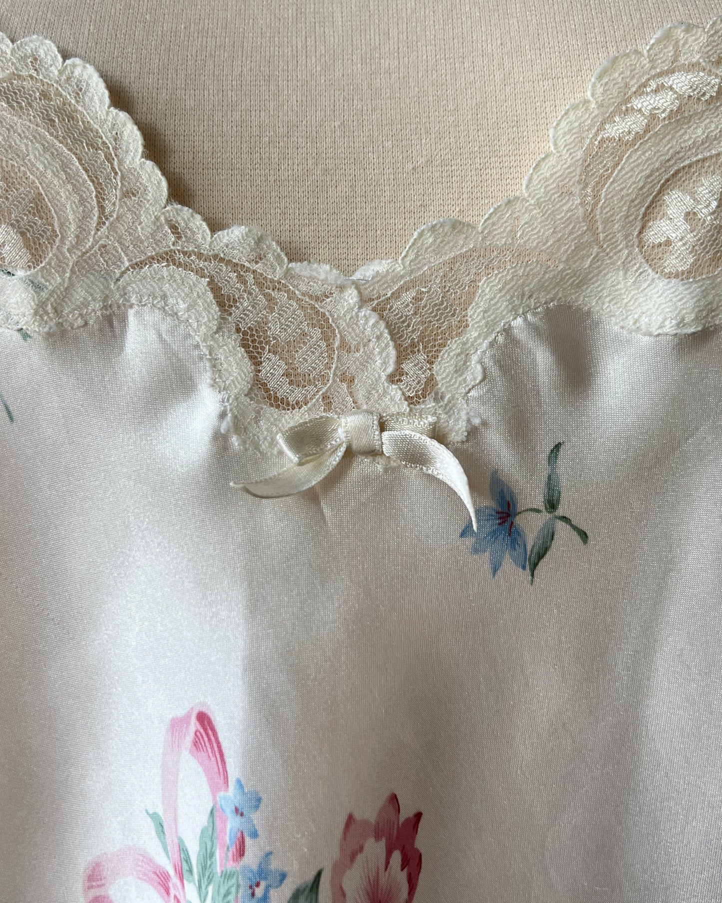 Vintage Satin Camisole in Pearl Ivory featuring Rose Bouquets Prints with Lace Bustier