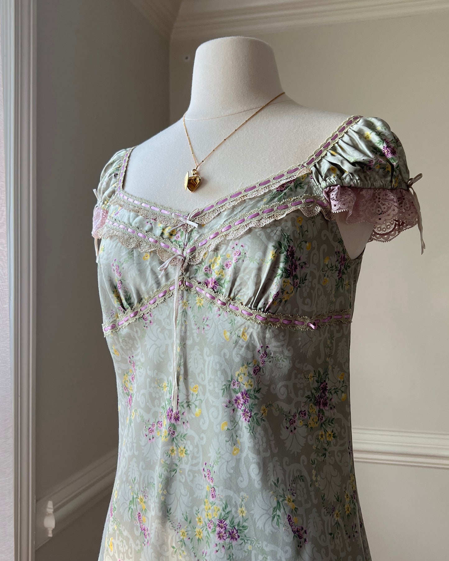 Sage Green Victorian inspired Midi Dress featuring Vintage Brocade Pattern