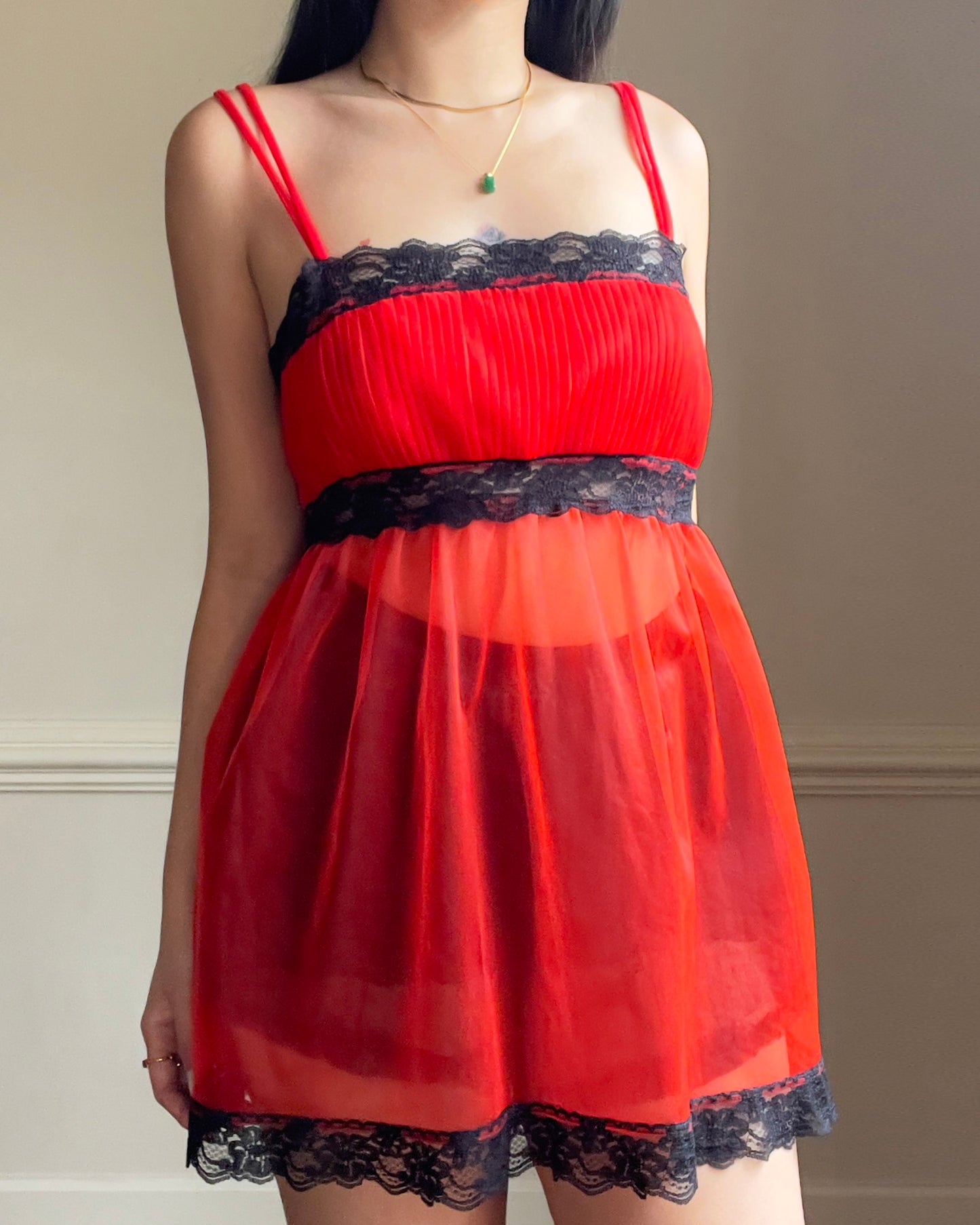 Red Sheer Chiffon Camisole featuring Black Floral Lace