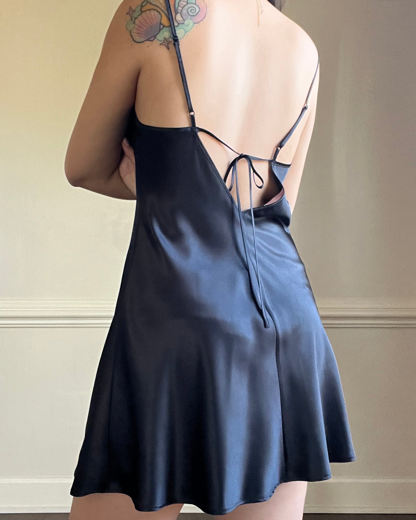 Victoria’s Secret Black Satin Slip Dress featuring Sheer Roses Lace