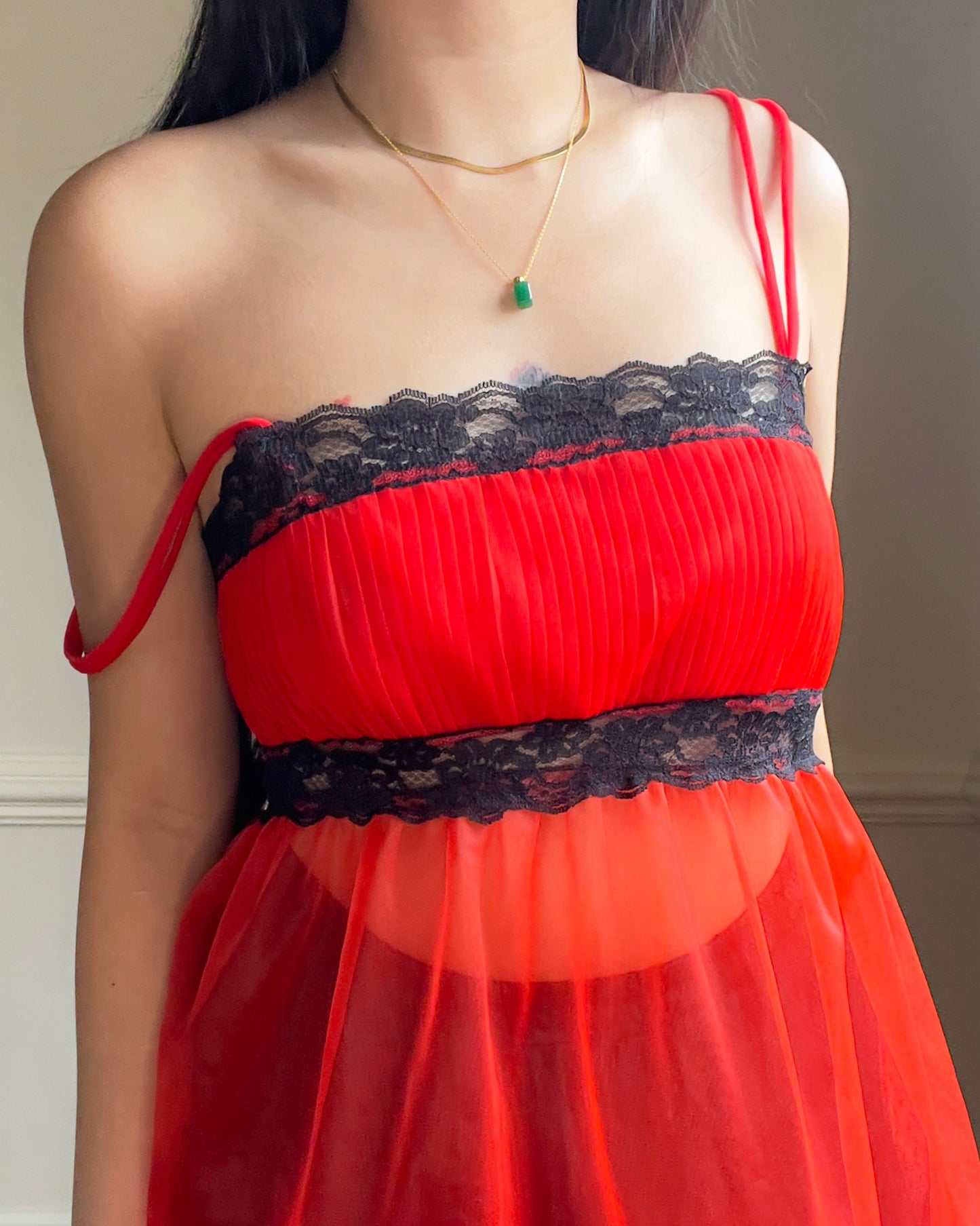 Red Sheer Chiffon Camisole featuring Black Floral Lace