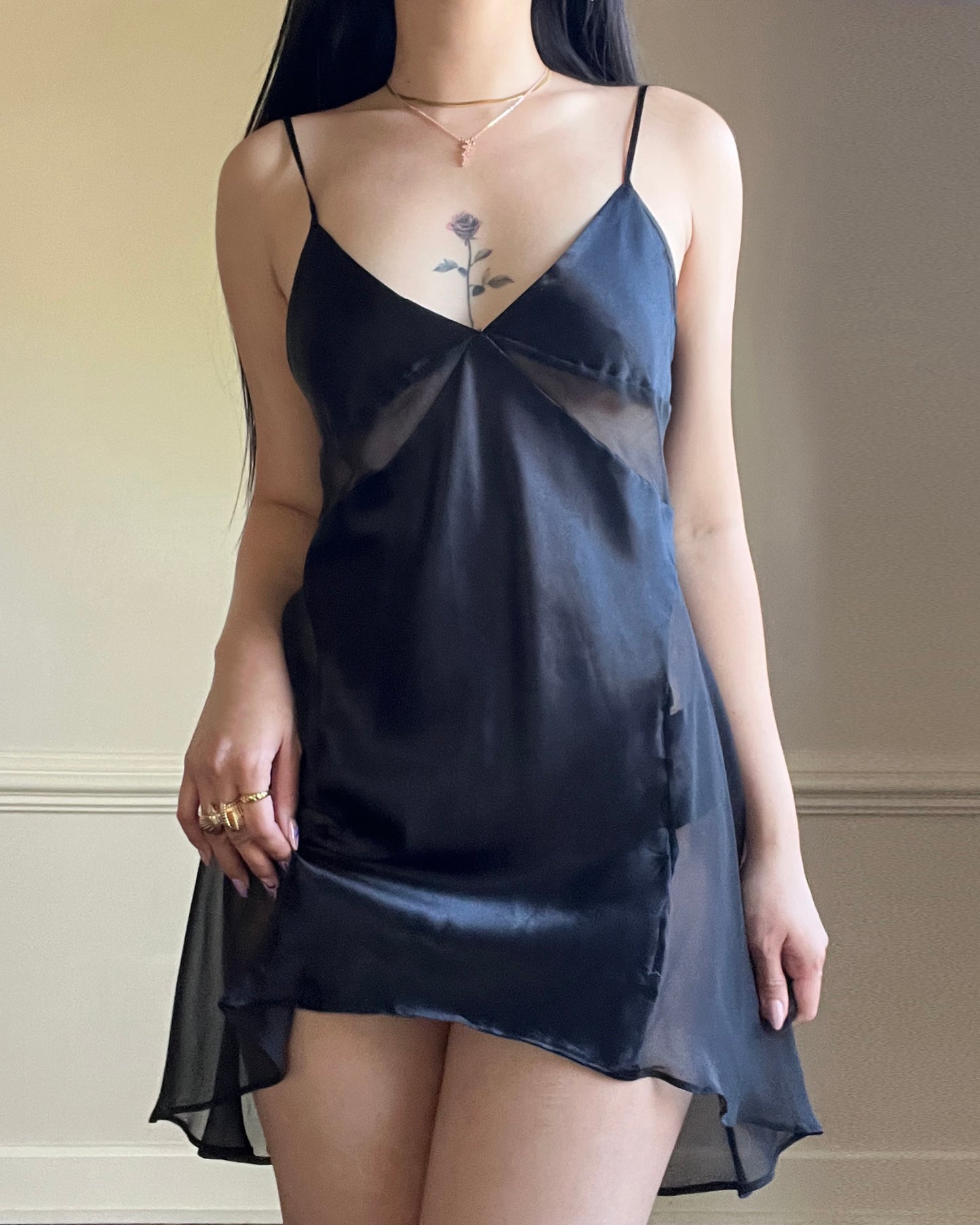 Victoria’s Secret Black Satin Dlip Dress featuring Sheer Mesh Cutout