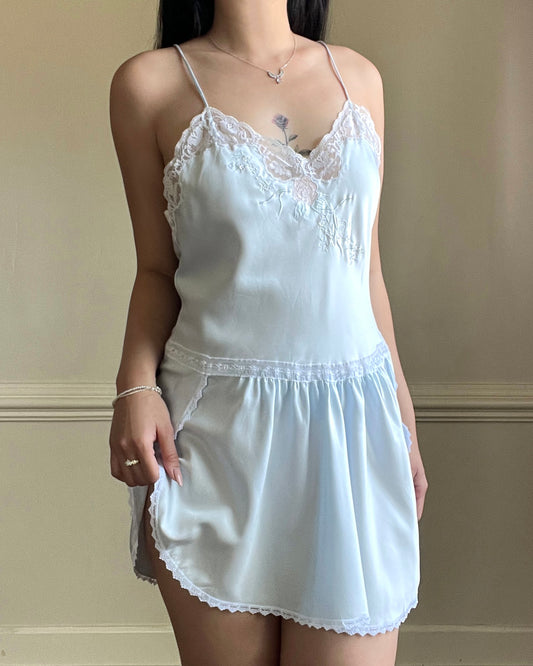 Vintage Pastel Blue Satin Dress featuring Rose Embroidery and Lace Trimmings