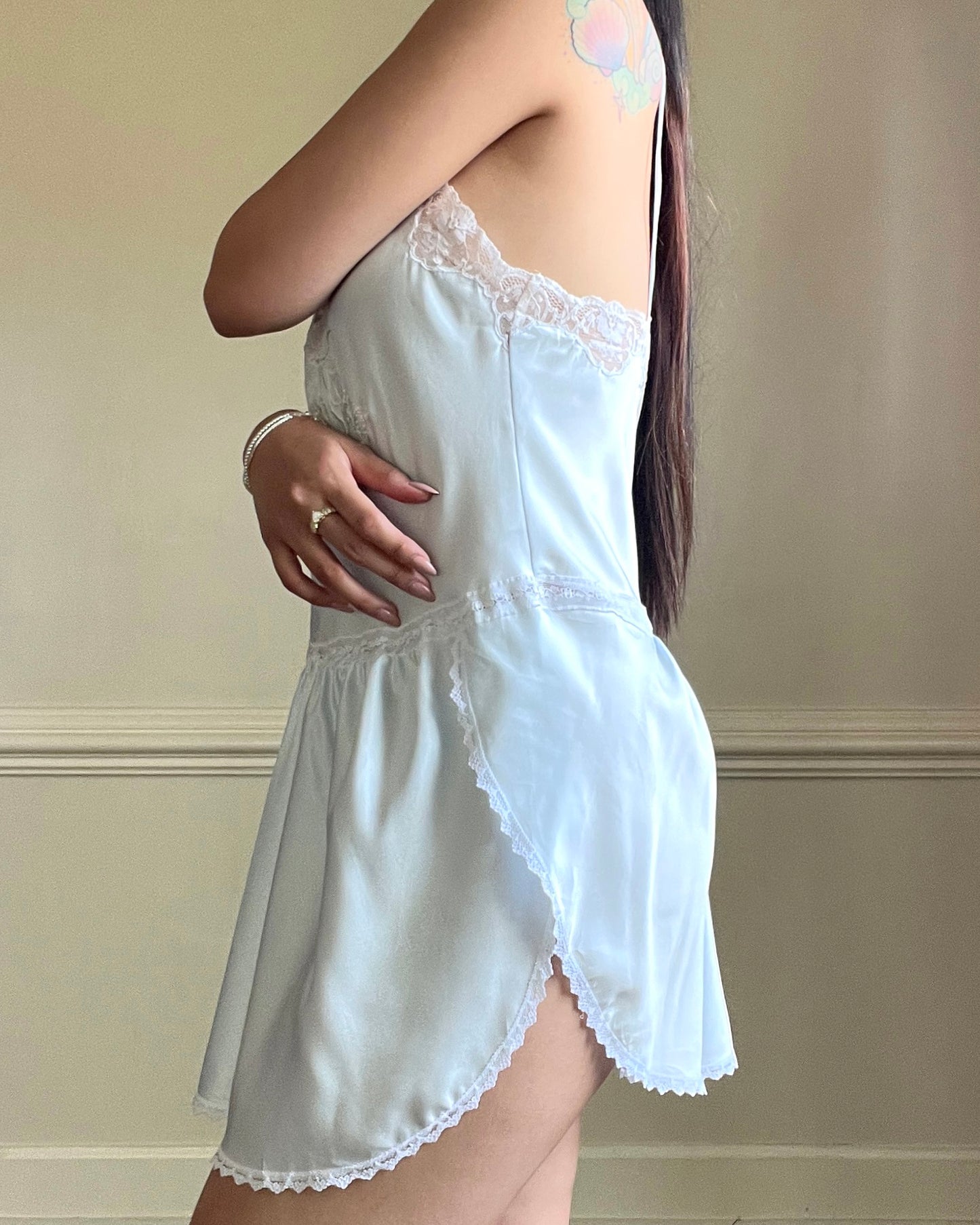 Vintage Pastel Blue Satin Romper featuring Rose Embroidery and Lace Trimmings