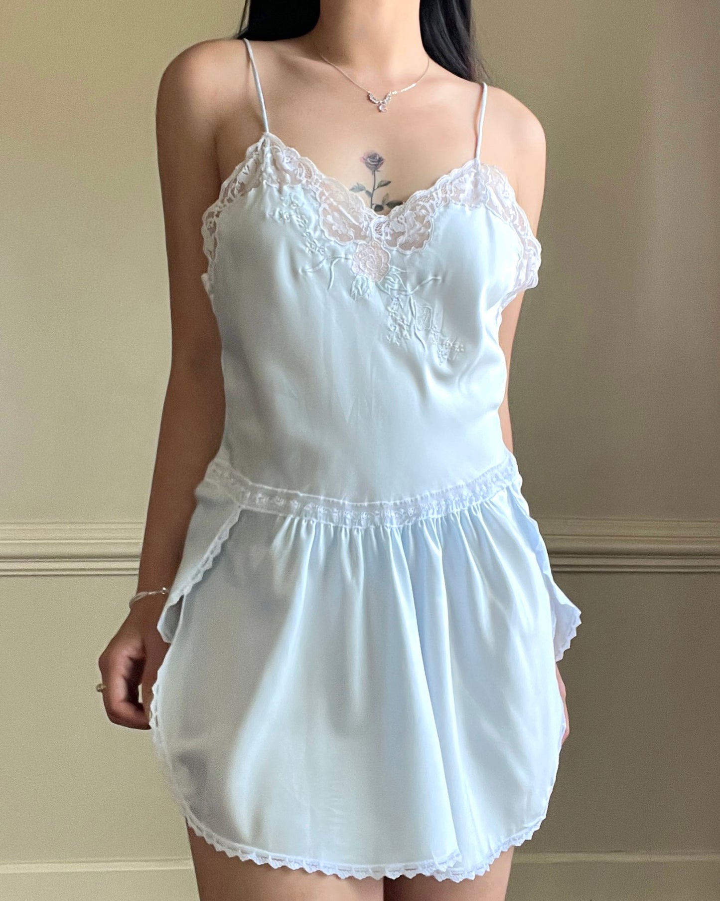 Vintage Pastel Blue Satin Romper featuring Rose Embroidery and Lace Trimmings