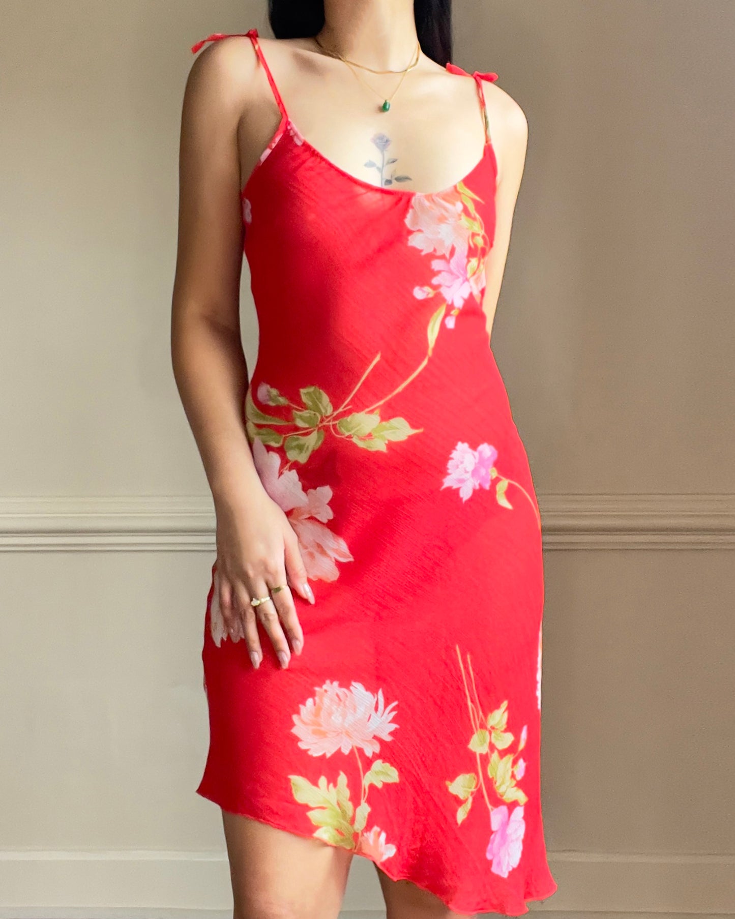 Vibrant Spring Floral Satin Slip in Red featuring Roses Prints