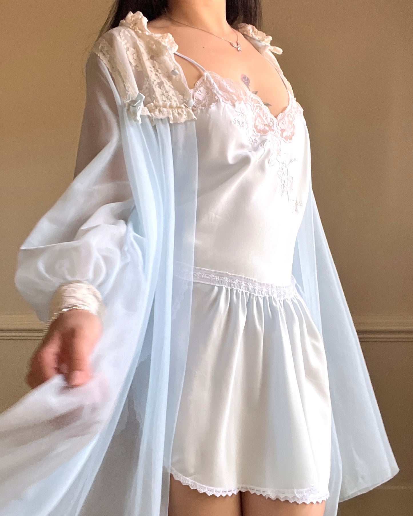 Vintage Pastel Blue Satin Romper featuring Rose Embroidery and Lace Trimmings