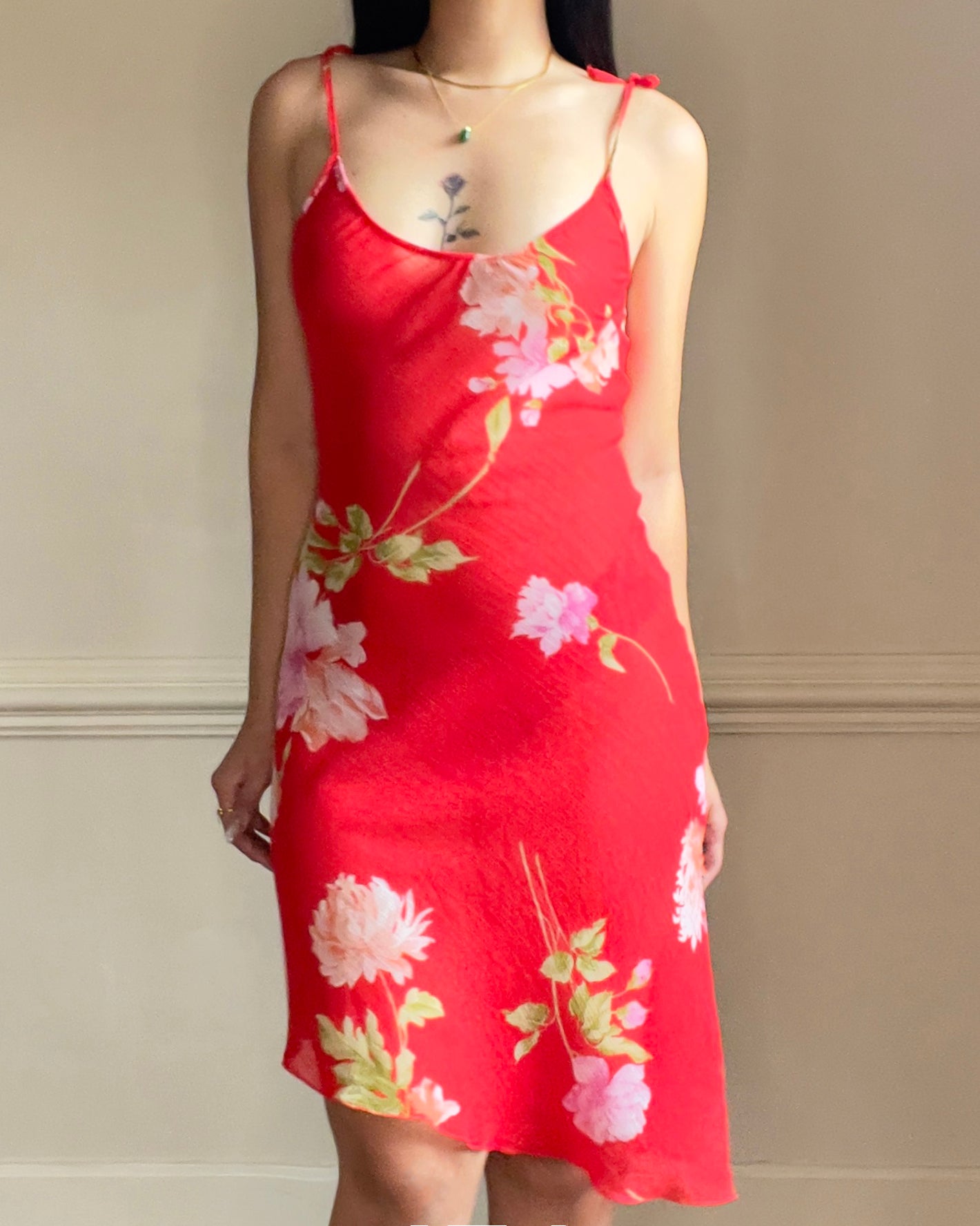 Vibrant Spring Floral Satin Slip in Red featuring Roses Prints