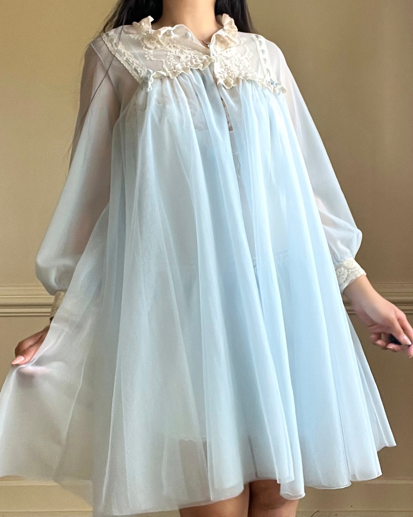 Vintage 80’s Baby Blue Chiffon Robe featuring Sheer Cream Floral Embroidery