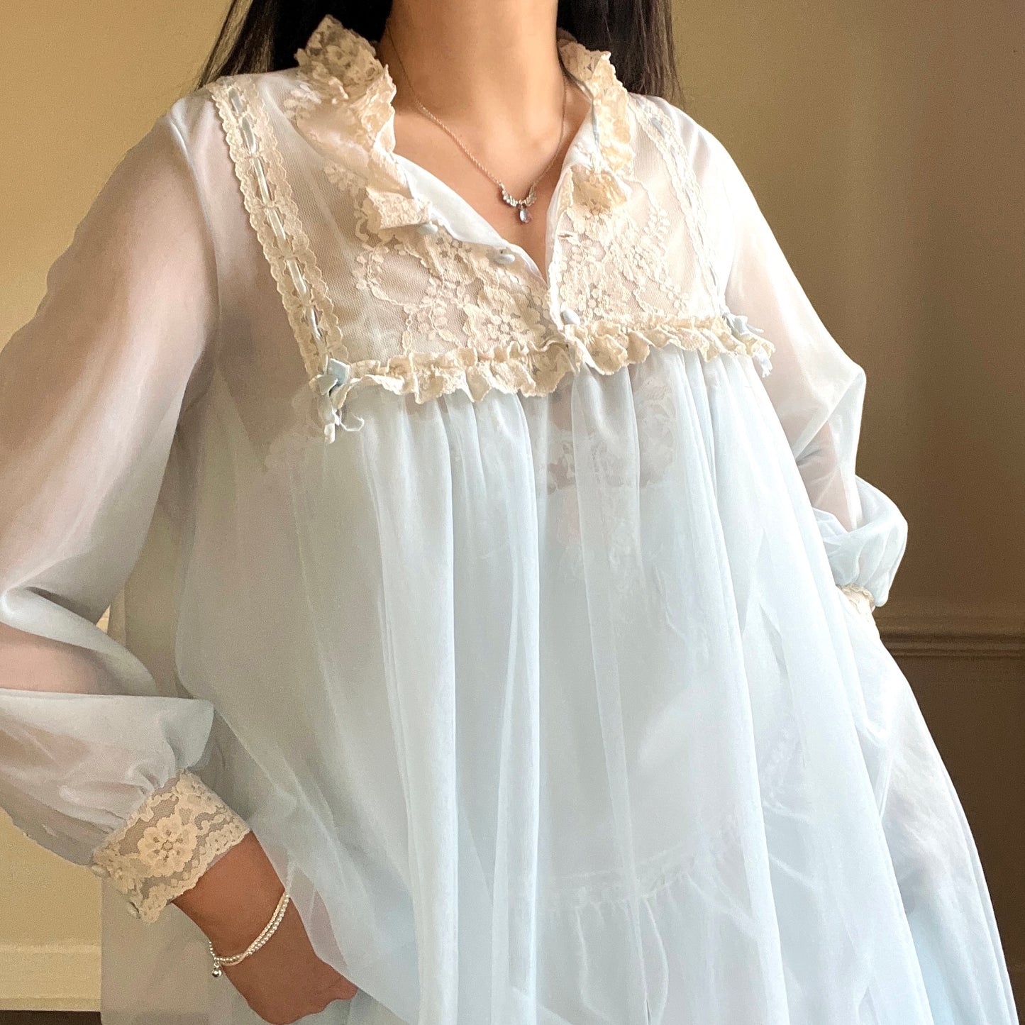 Vintage 80’s Baby Blue Chiffon Robe featuring Sheer Cream Floral Embroidery