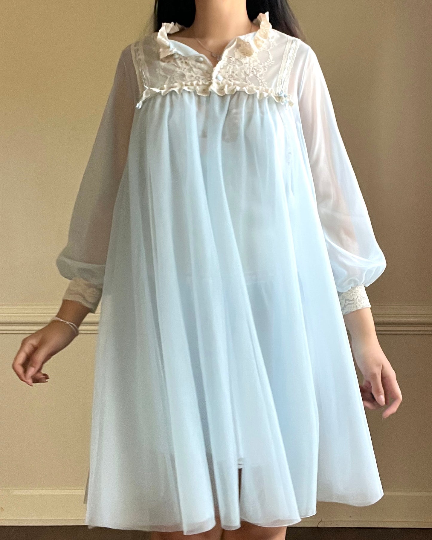 Vintage 80’s Baby Blue Chiffon Robe featuring Sheer Cream Floral Embroidery