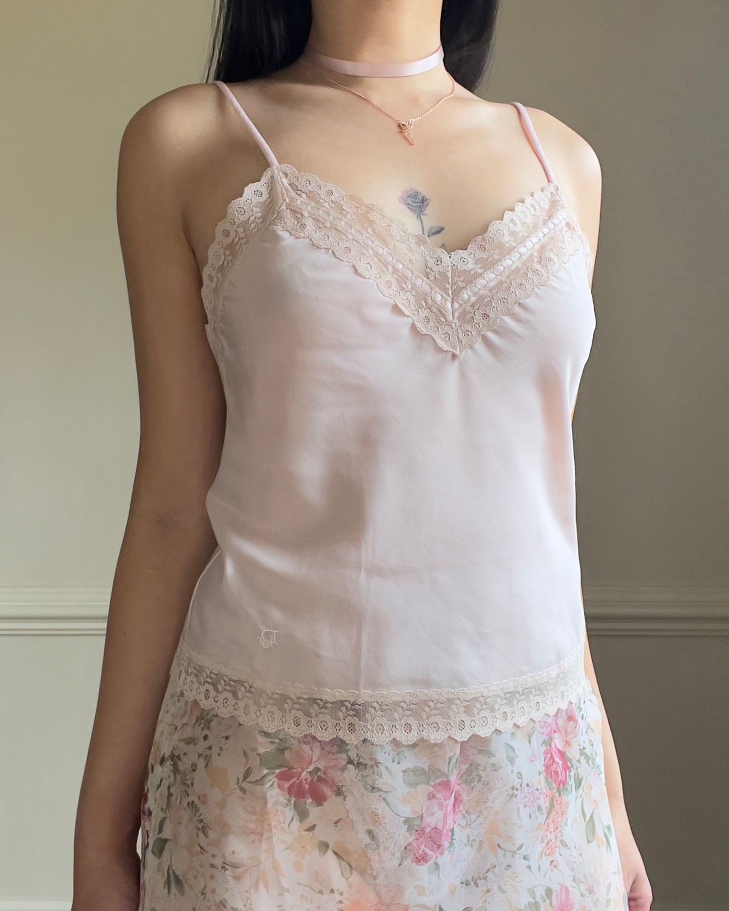 Vintage Christian Dior’s Satin Cropped Camisole featuring Floral Lace Lining
