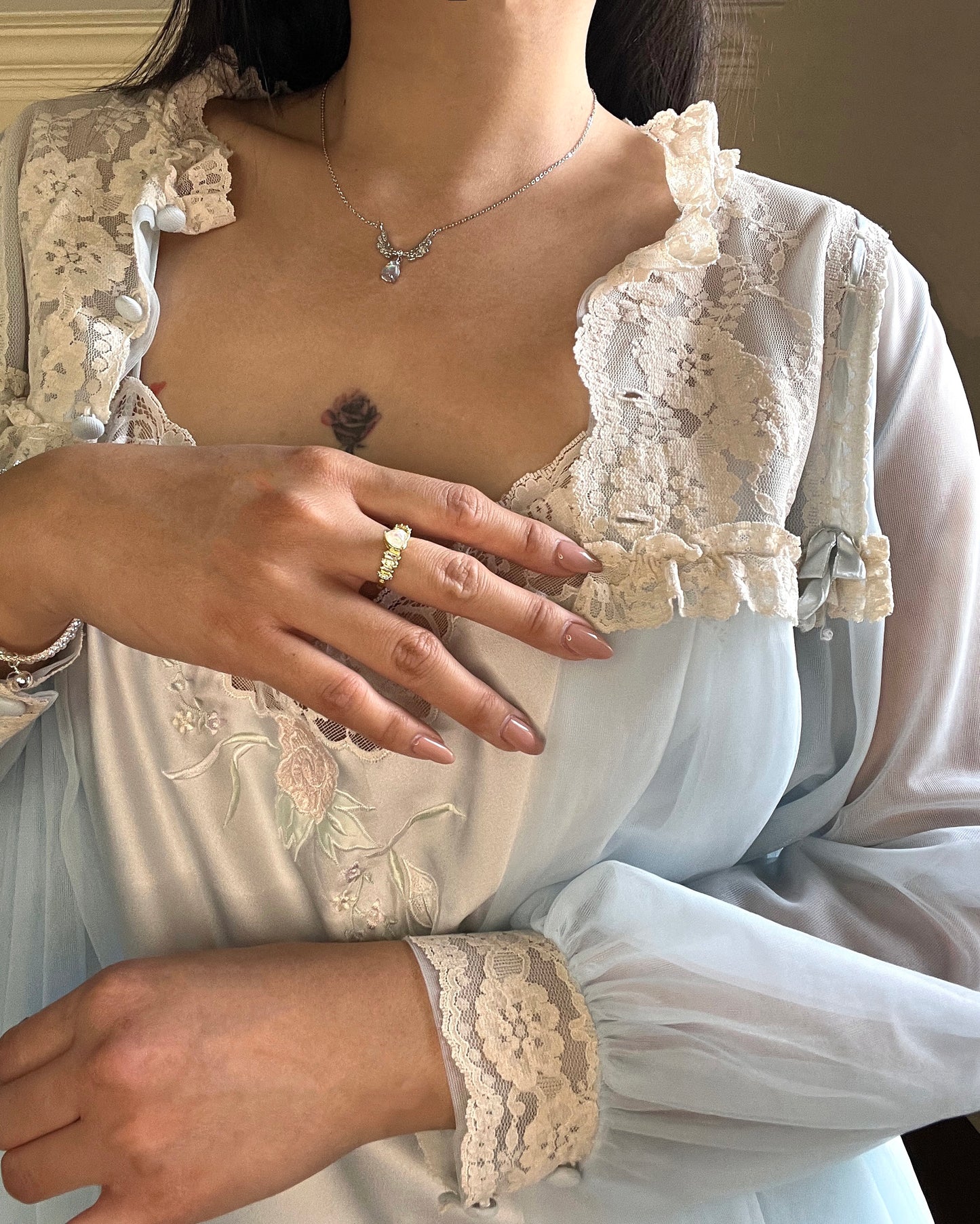 Vintage 80’s Baby Blue Chiffon Robe featuring Sheer Cream Floral Embroidery