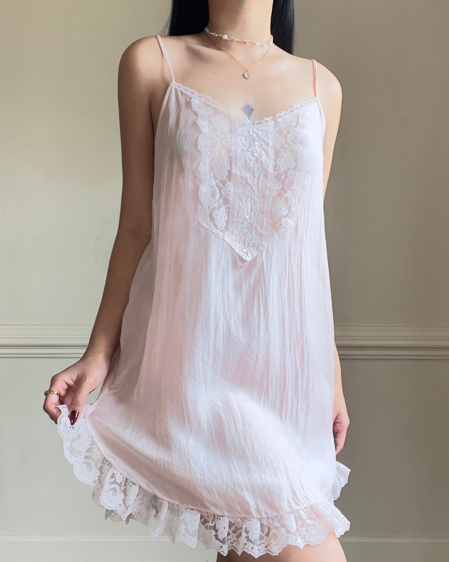 Victorian Era Inspired Rayon Babydoll Dress in Blush Pink featuring Intricate Lace Details