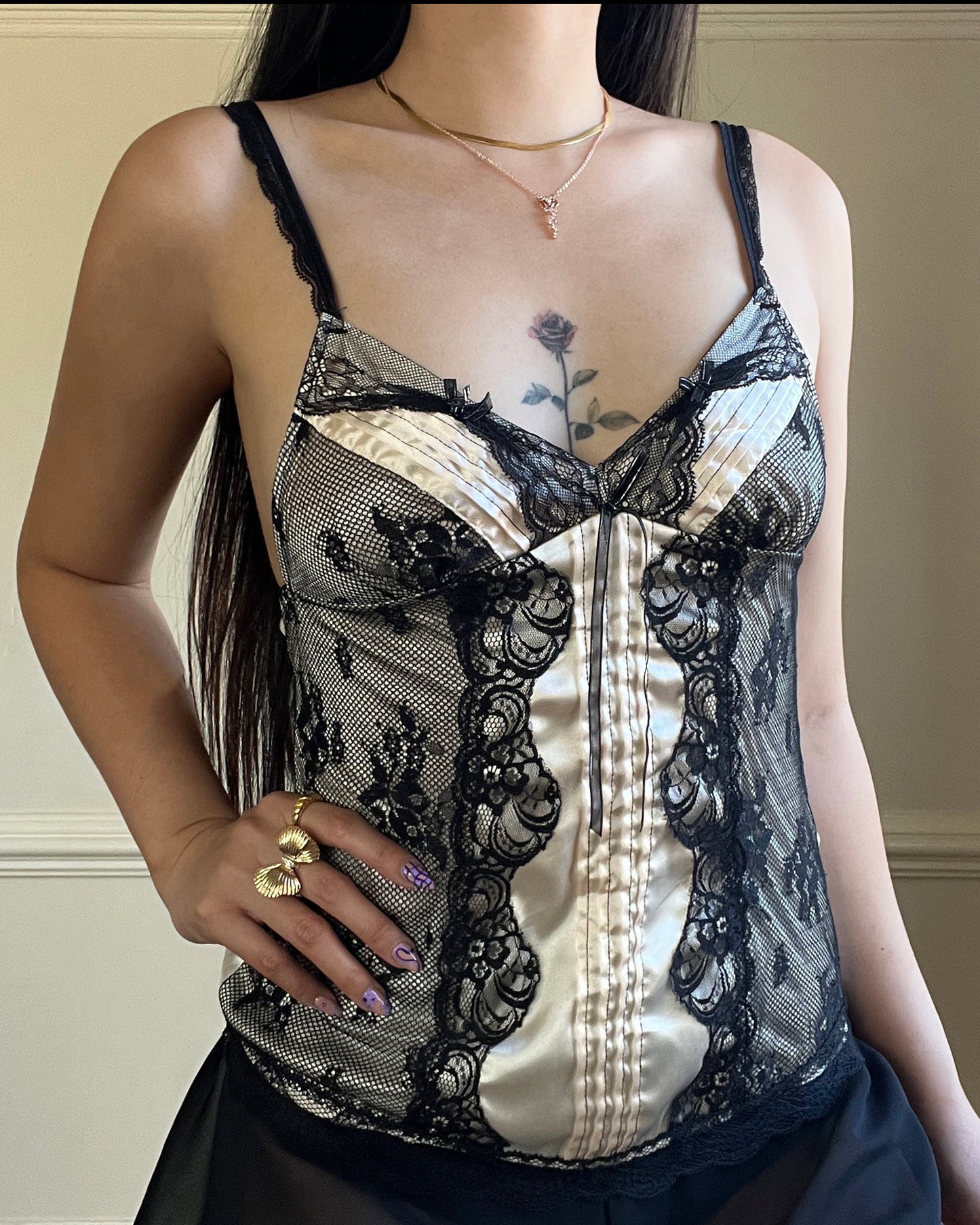 Vintage Cream Satin Camisole featuring Sheer Mesh with Floral Embroidery Details