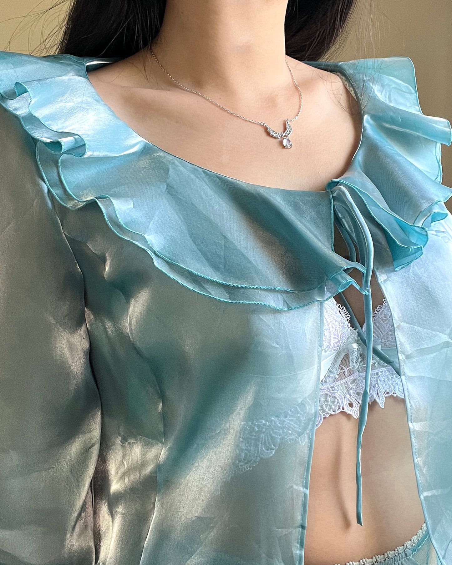 Iridescent Mermaidcore Cropped Organza in Teal Blue