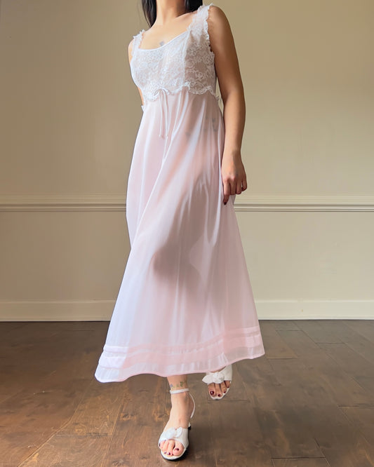 Vanity Fair’s Feminine Cottagecore Sheer Midi Slip featuring Floral Lace Bodice
