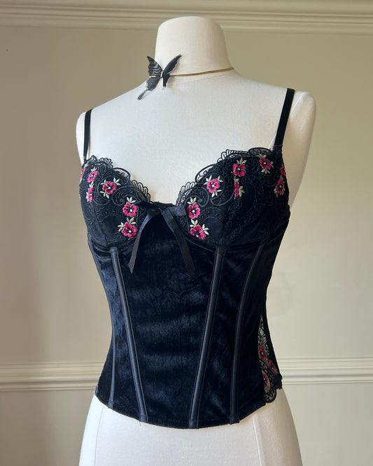 Feminine Grunge Velvet Corset featuring Embroidered Flowers Detail