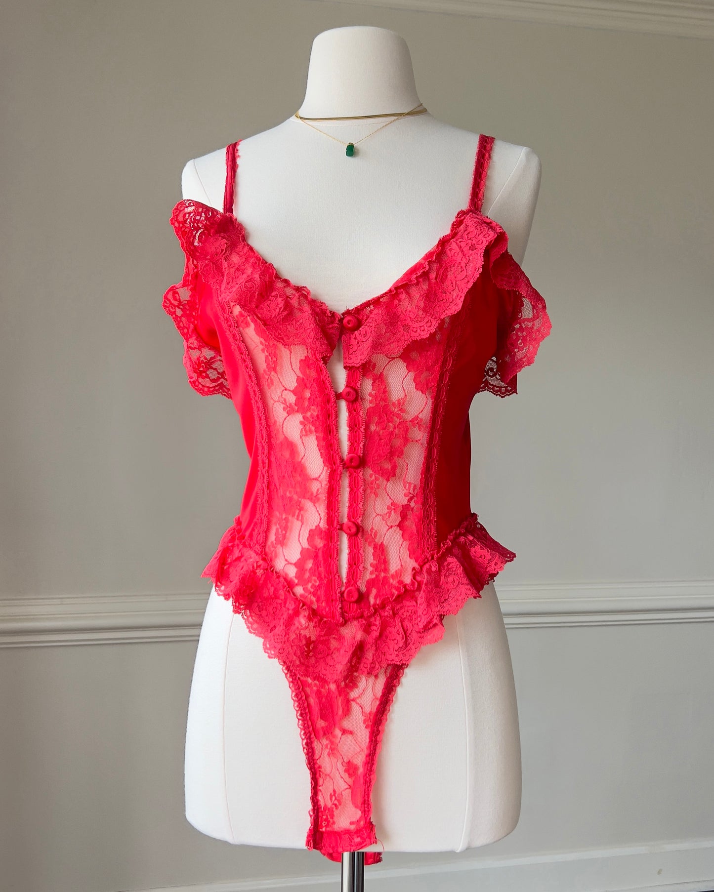 Romantic Red Bodysuit featuring Ruffled Lace Trimmings
