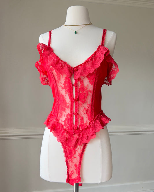 Romantic Red Bodysuit featuring Ruffled Lace Trimmings