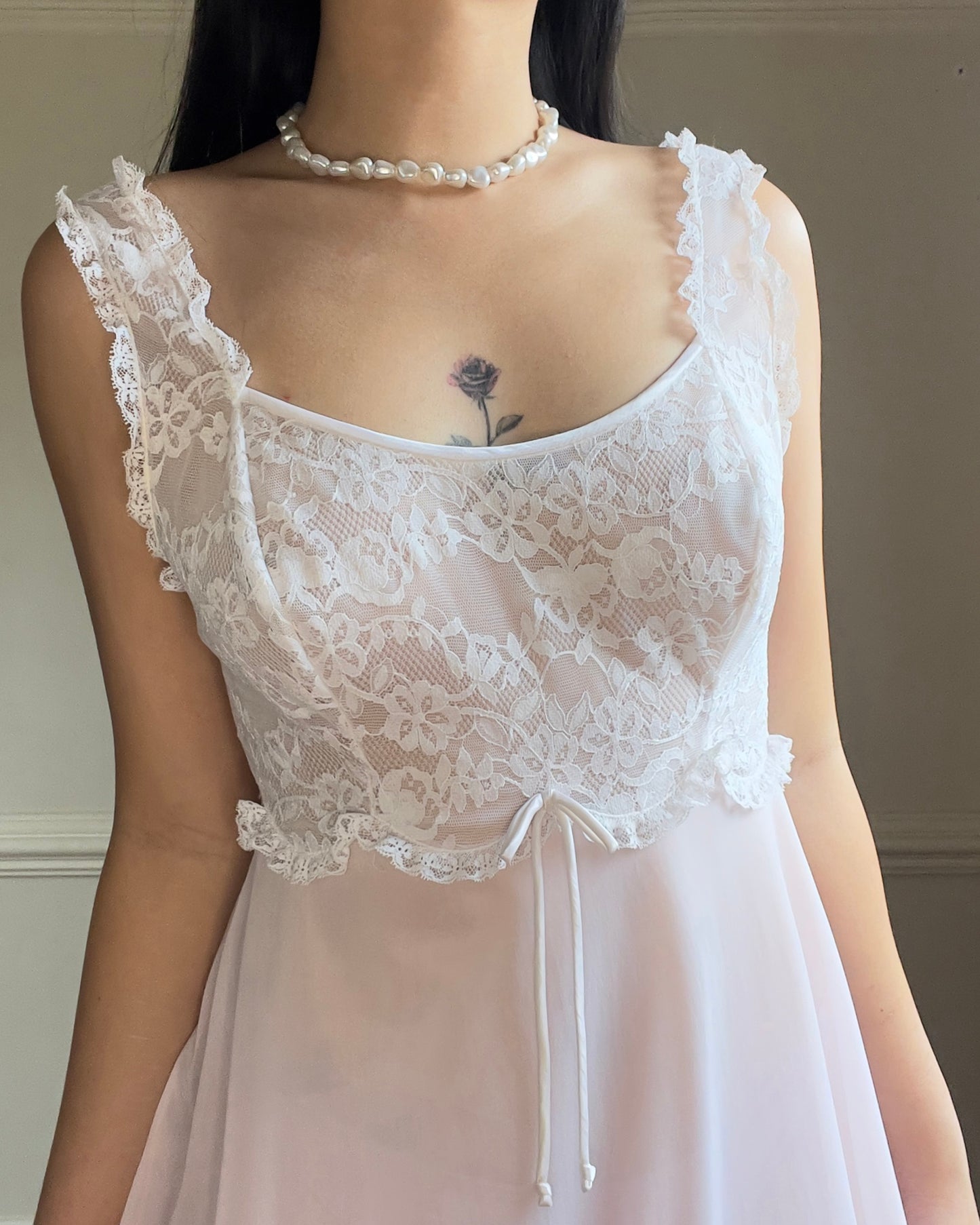 Vanity Fair’s Feminine Cottagecore Sheer Midi Slip featuring Floral Lace Bodice