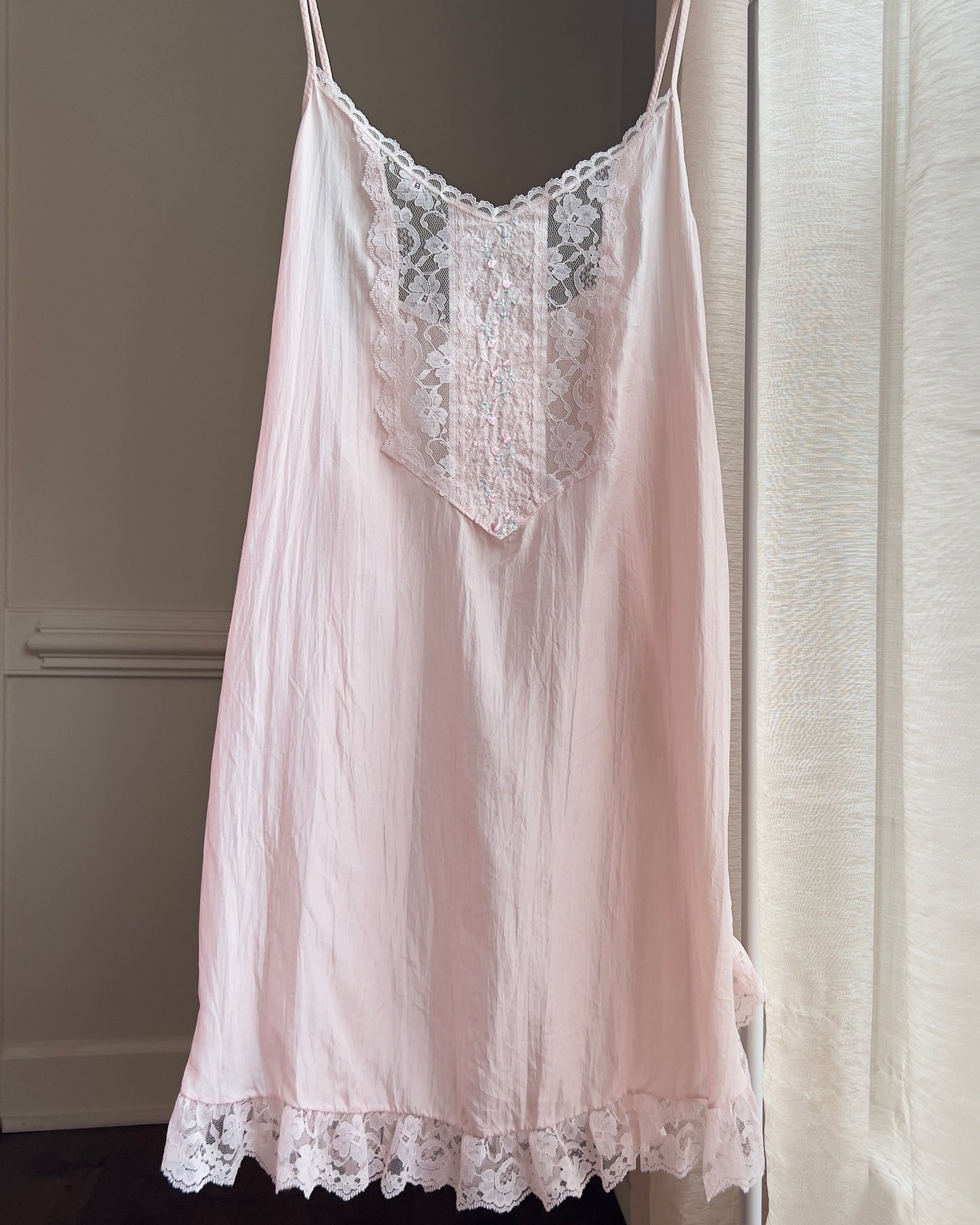 Victorian Era Inspired Rayon Babydoll Dress in Blush Pink featuring Intricate Lace Details