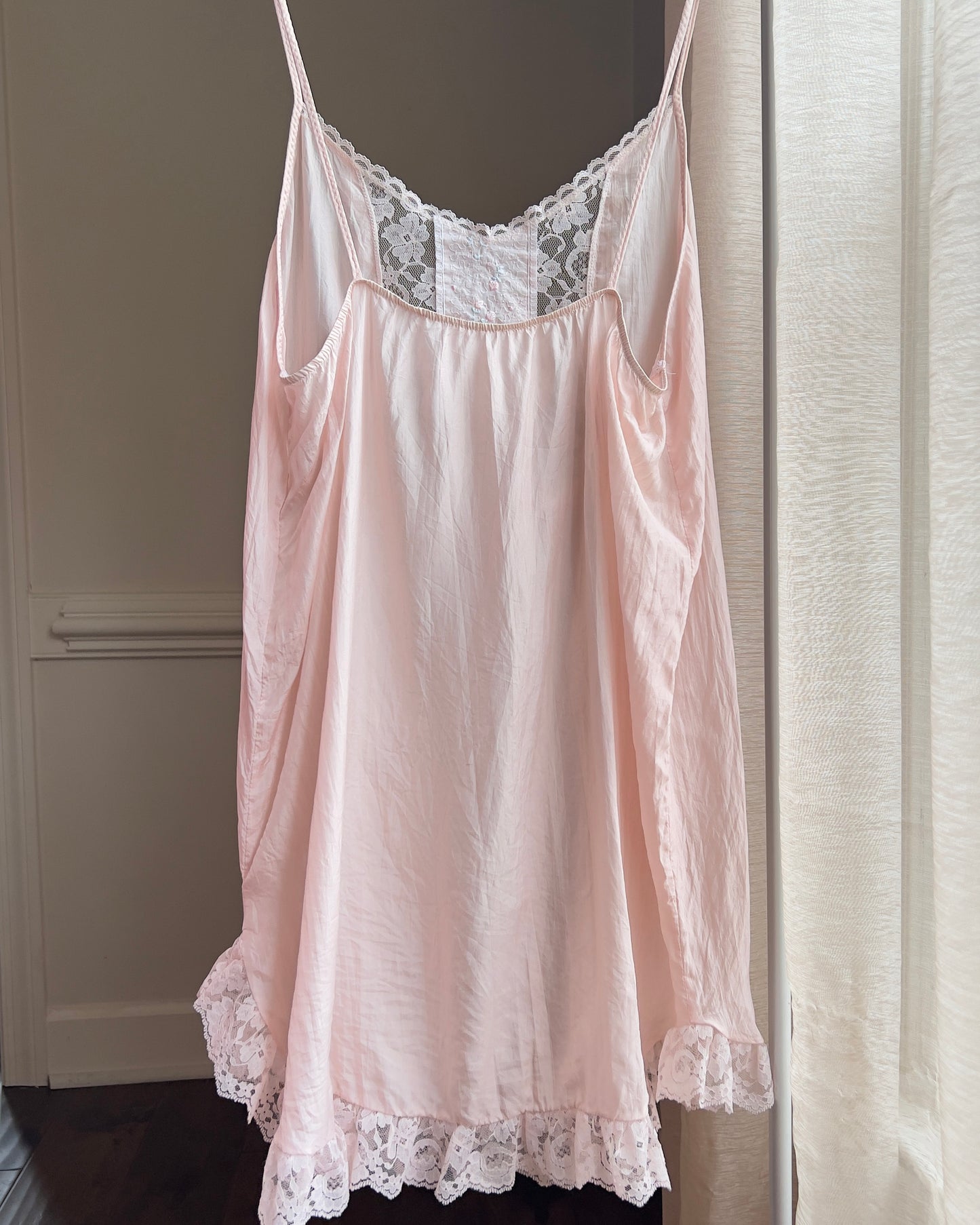 Victorian Era Inspired Rayon Babydoll Dress in Blush Pink featuring Intricate Lace Details