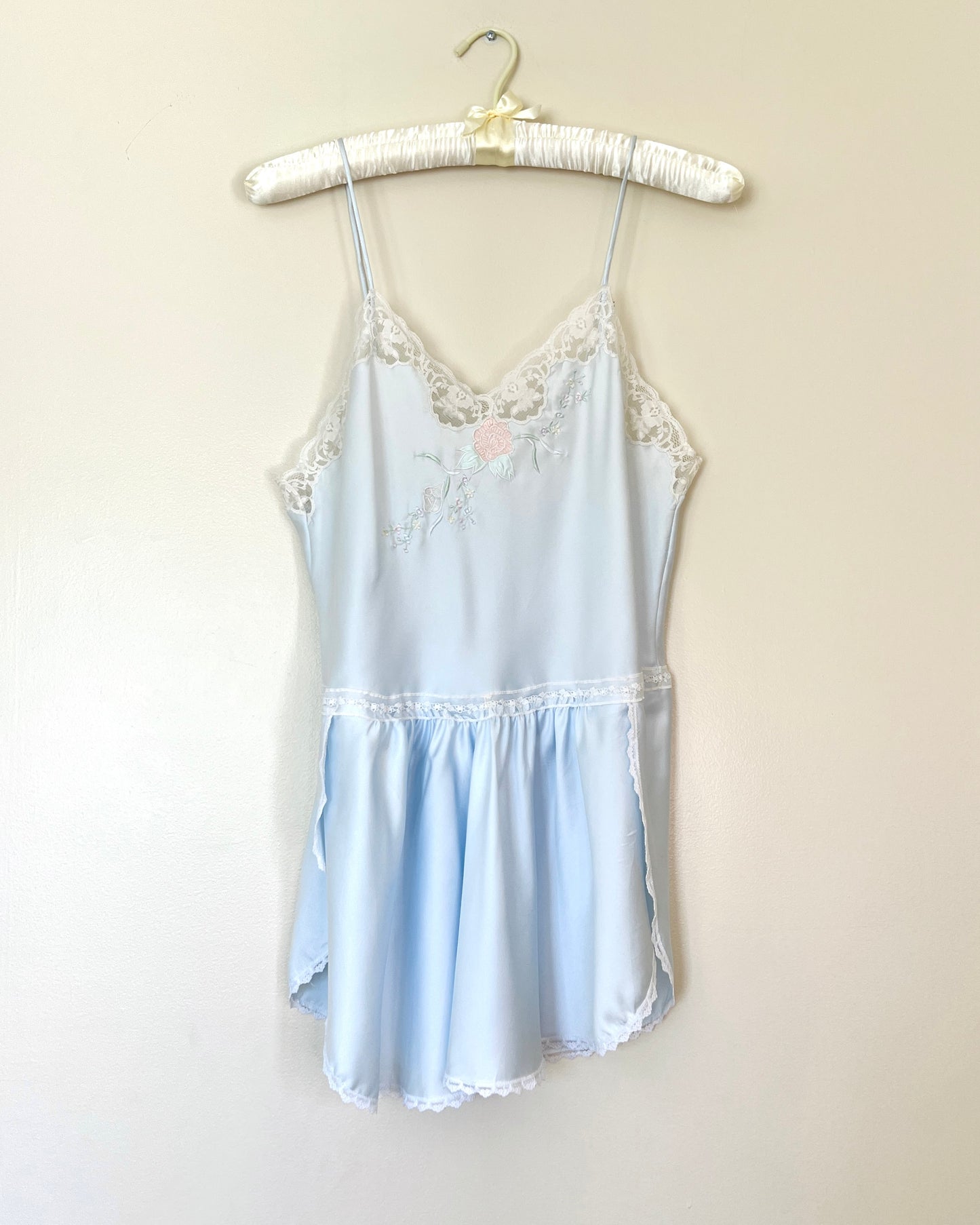 Vintage Pastel Blue Satin Romper featuring Rose Embroidery and Lace Trimmings