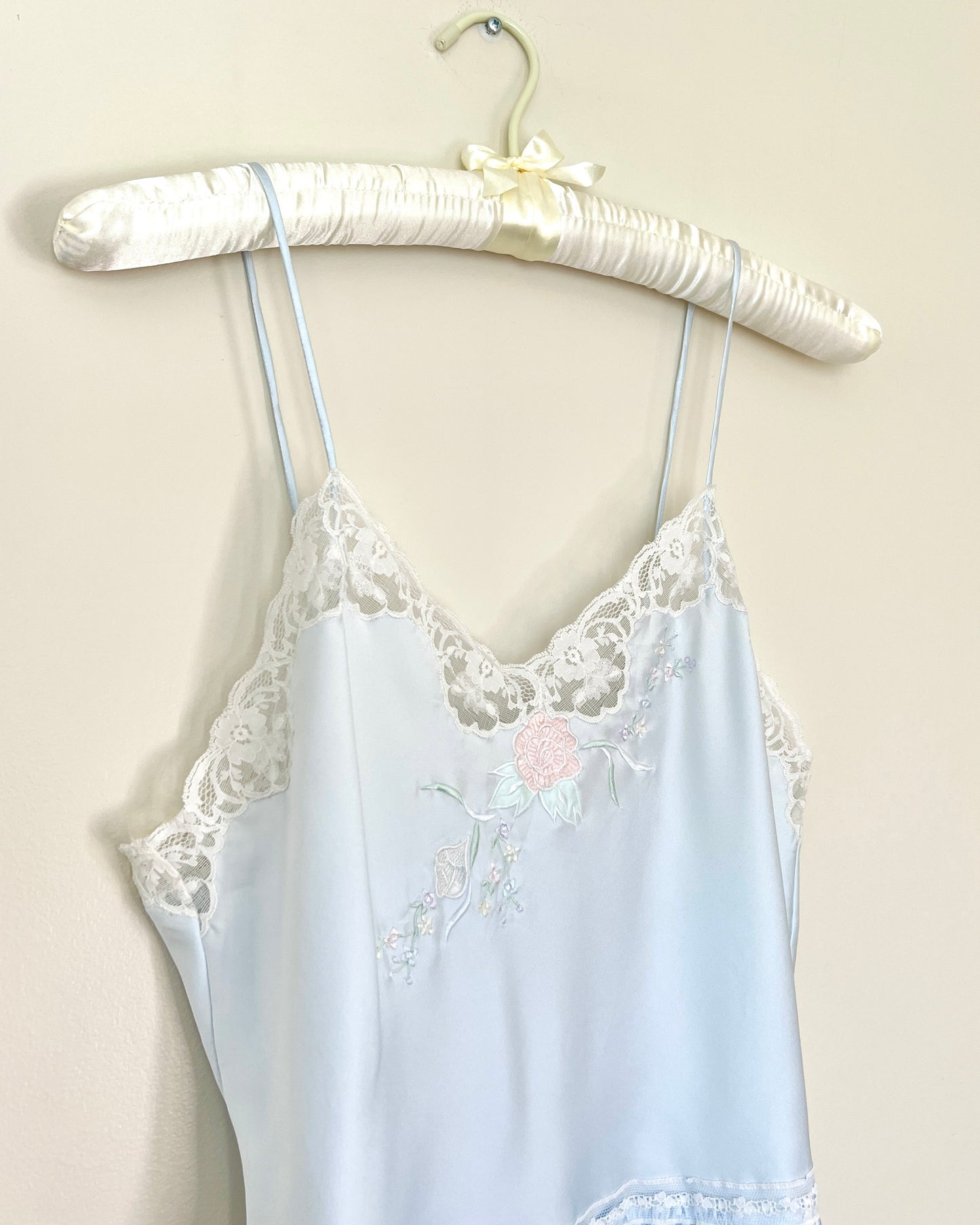 Vintage Pastel Blue Satin Romper featuring Rose Embroidery and Lace Trimmings