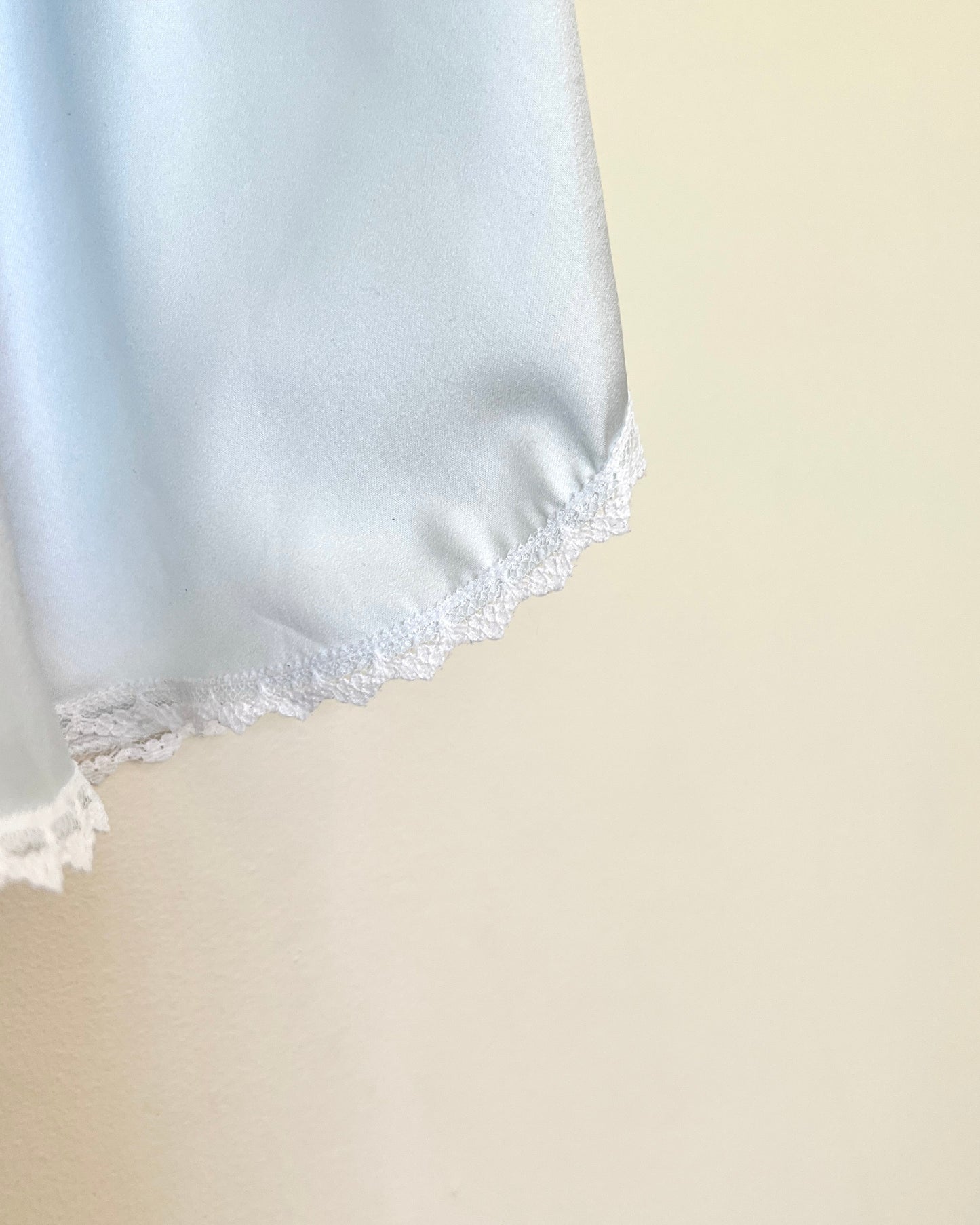 Vintage Pastel Blue Satin Romper featuring Rose Embroidery and Lace Trimmings
