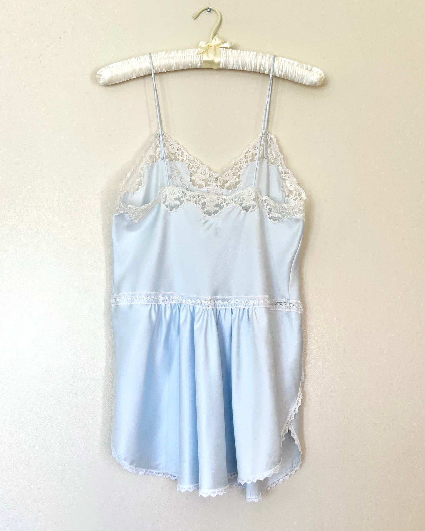 Vintage Pastel Blue Satin Romper featuring Rose Embroidery and Lace Trimmings