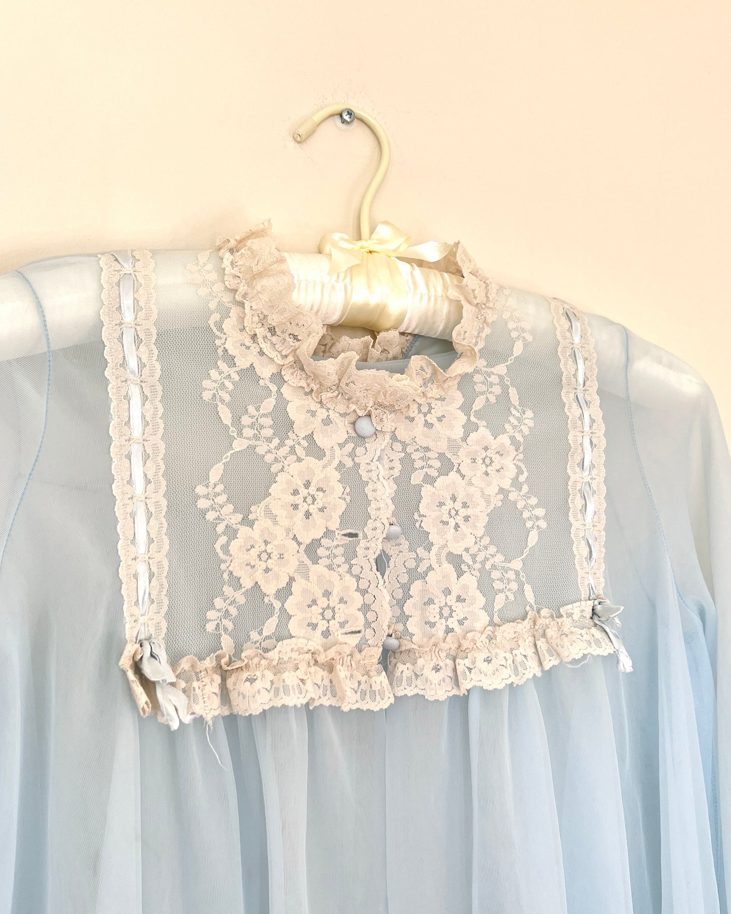 Vintage 80’s Baby Blue Chiffon Robe featuring Sheer Cream Floral Embroidery