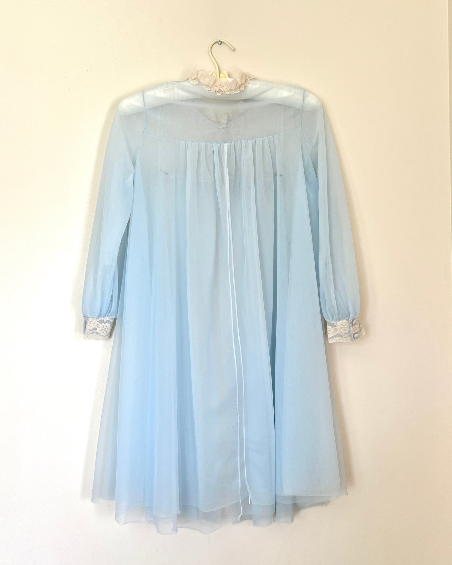 Vintage 80’s Baby Blue Chiffon Robe featuring Sheer Cream Floral Embroidery