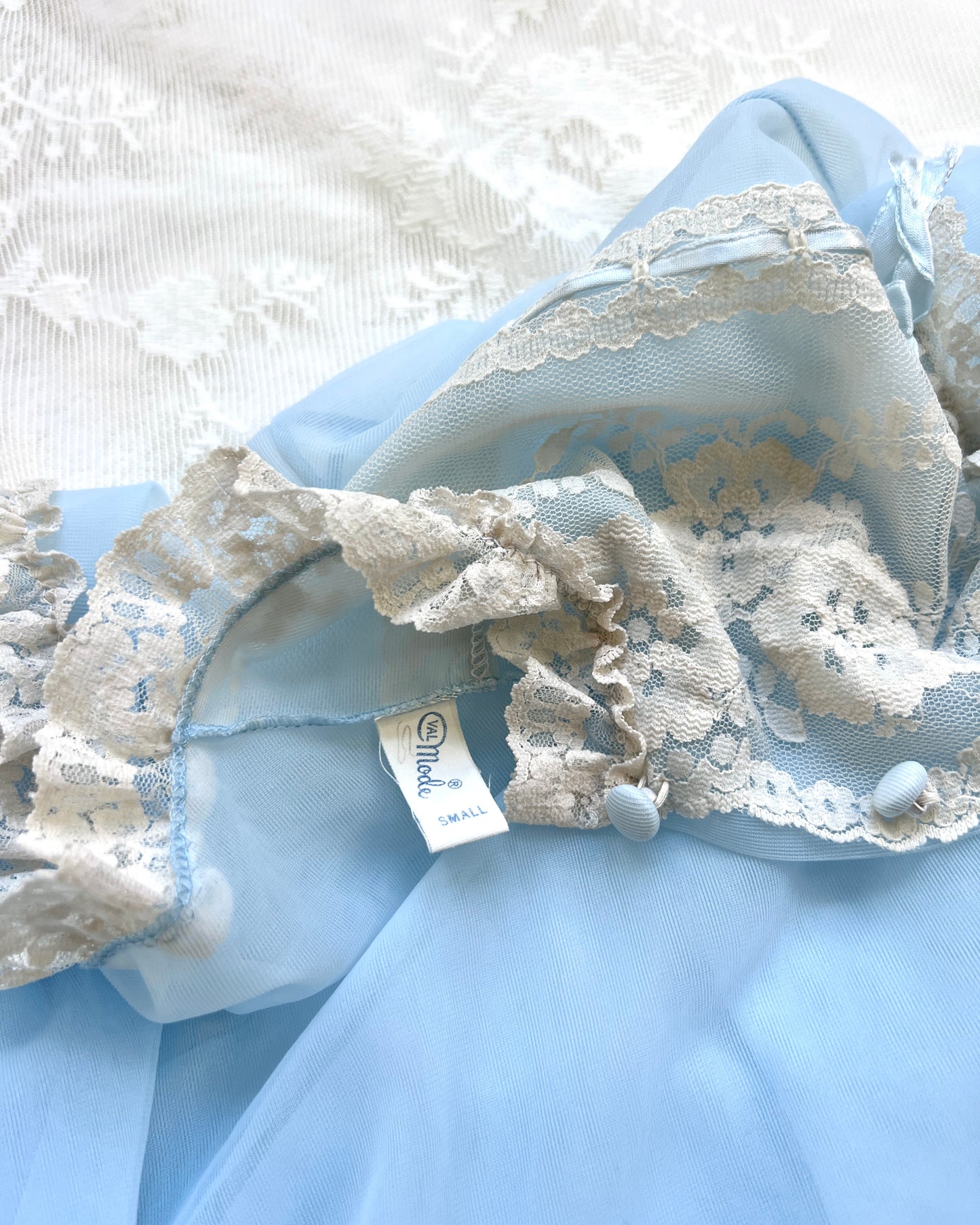 Vintage 80’s Baby Blue Chiffon Robe featuring Sheer Cream Floral Embroidery