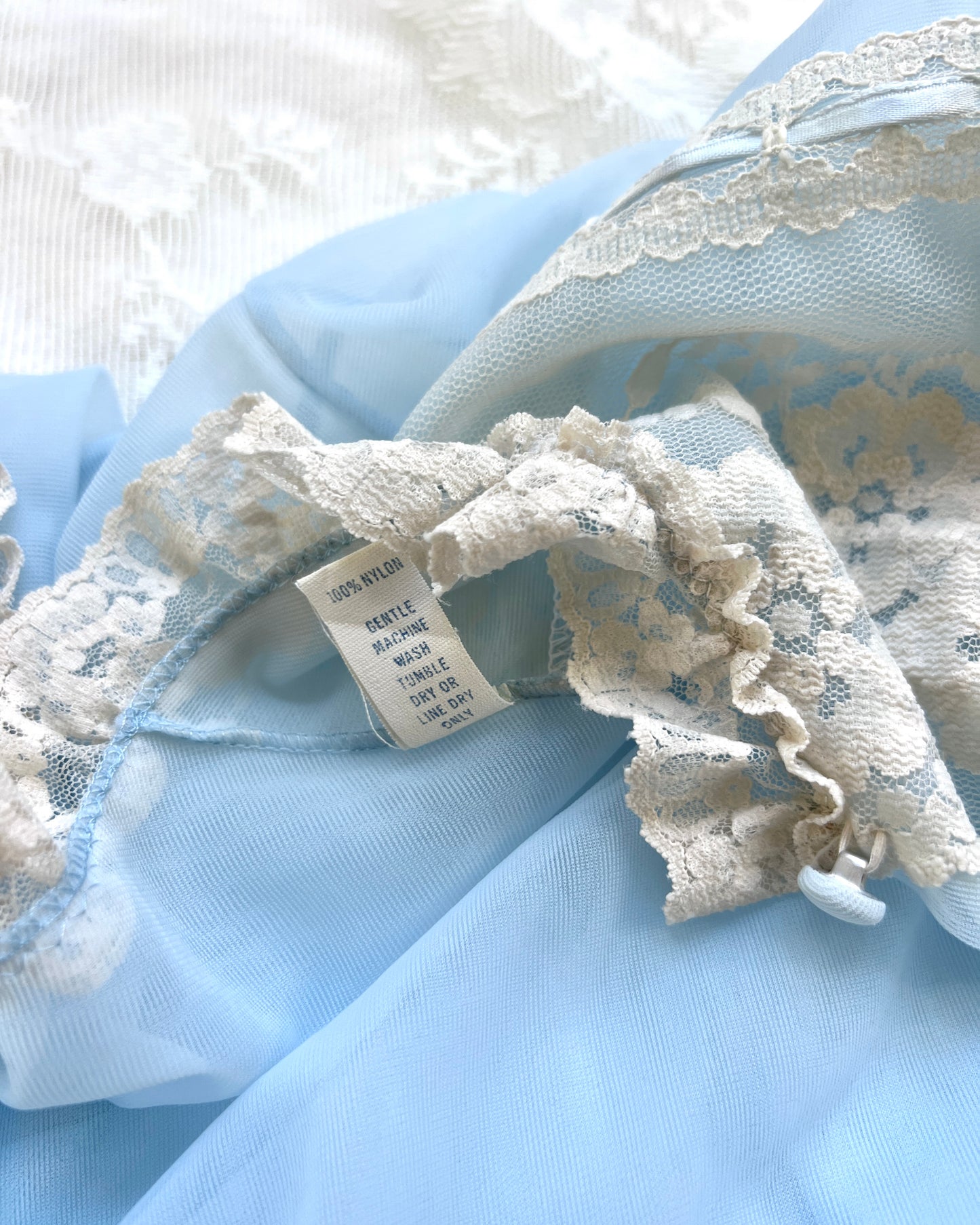 Vintage 80’s Baby Blue Chiffon Robe featuring Sheer Cream Floral Embroidery