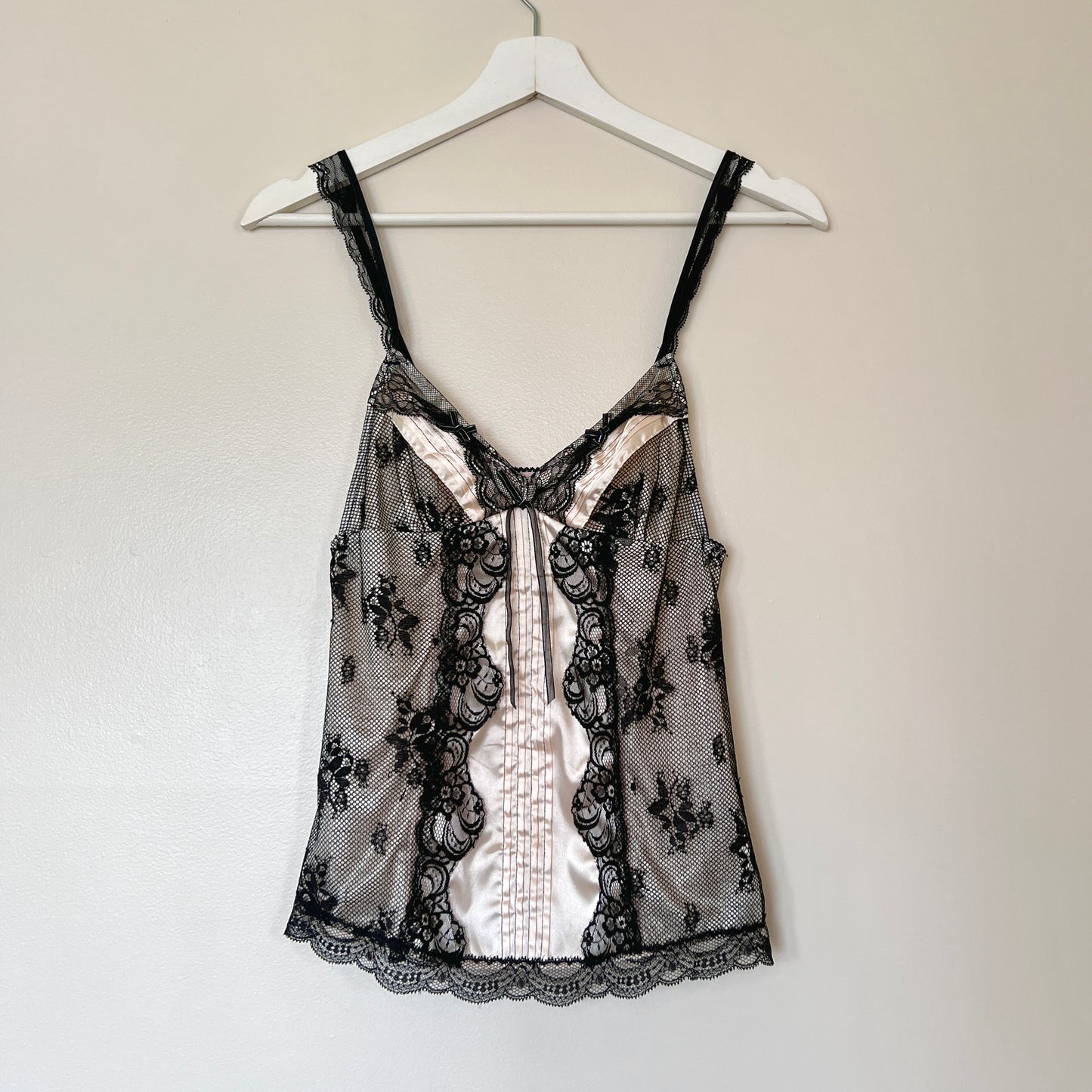 Vintage Cream Satin Camisole featuring Sheer Mesh with Floral Embroidery Details