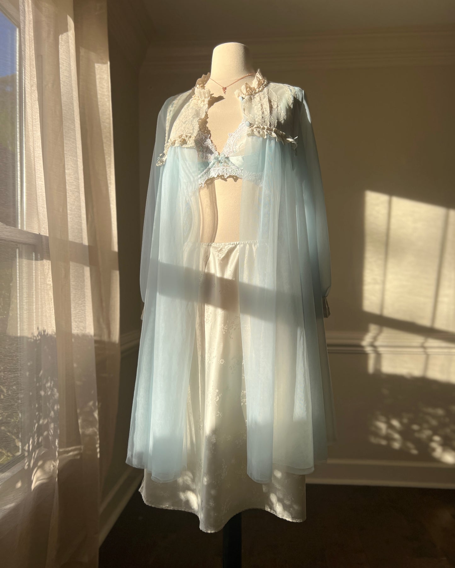 Vintage 80’s Baby Blue Chiffon Robe featuring Sheer Cream Floral Embroidery