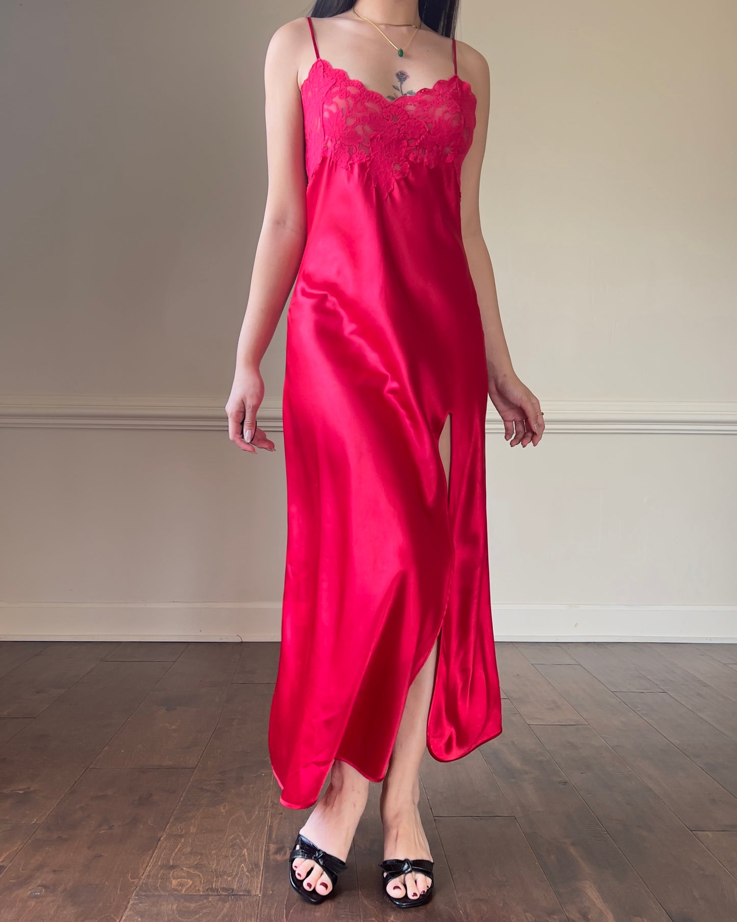 Vintage Victoria’s Secret Y2k Red Maxi Slip Dress featuring Rosette Lace Embroidery Bustier