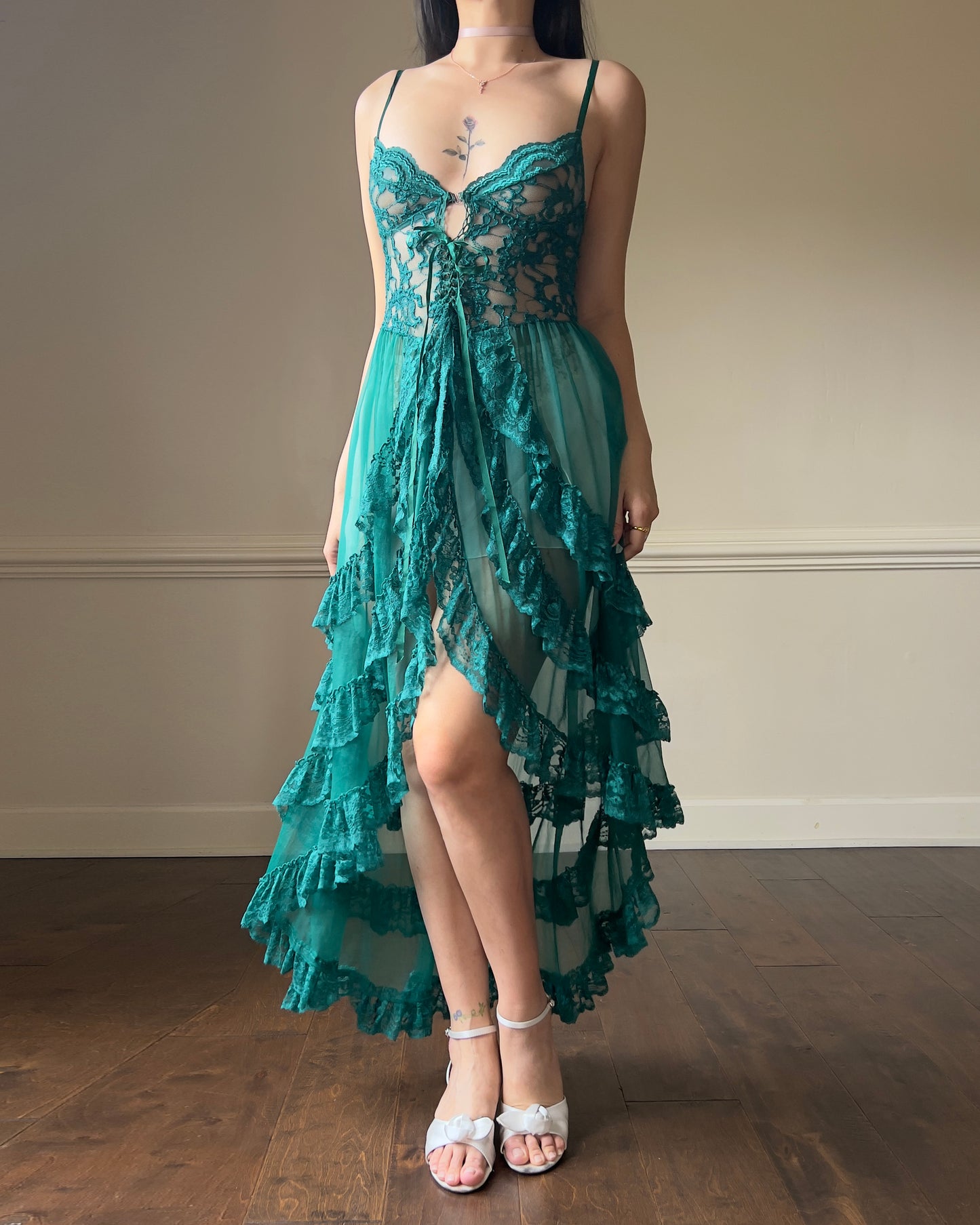 extremely beautiful fairy midi sheer dress in forest green