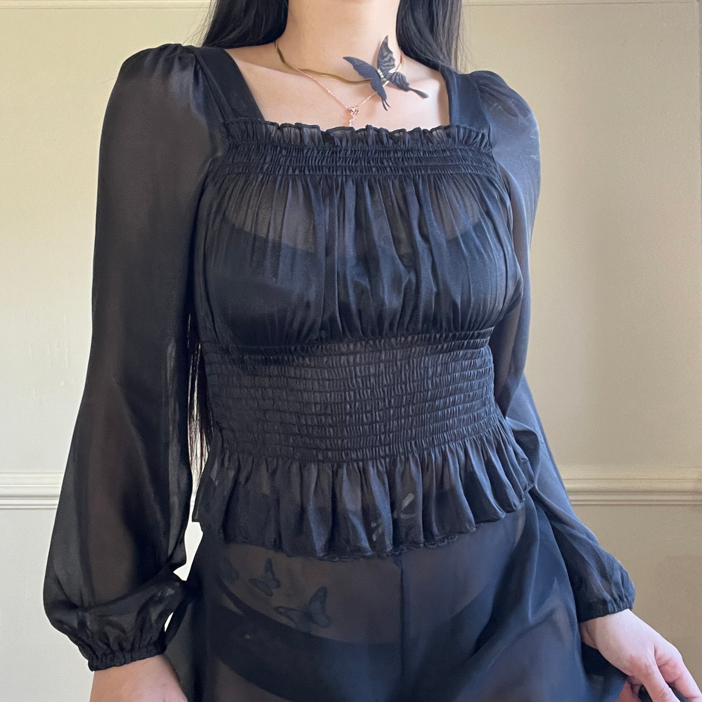 Sheer Black Organza Cropped Top featuring Pleated Fabric